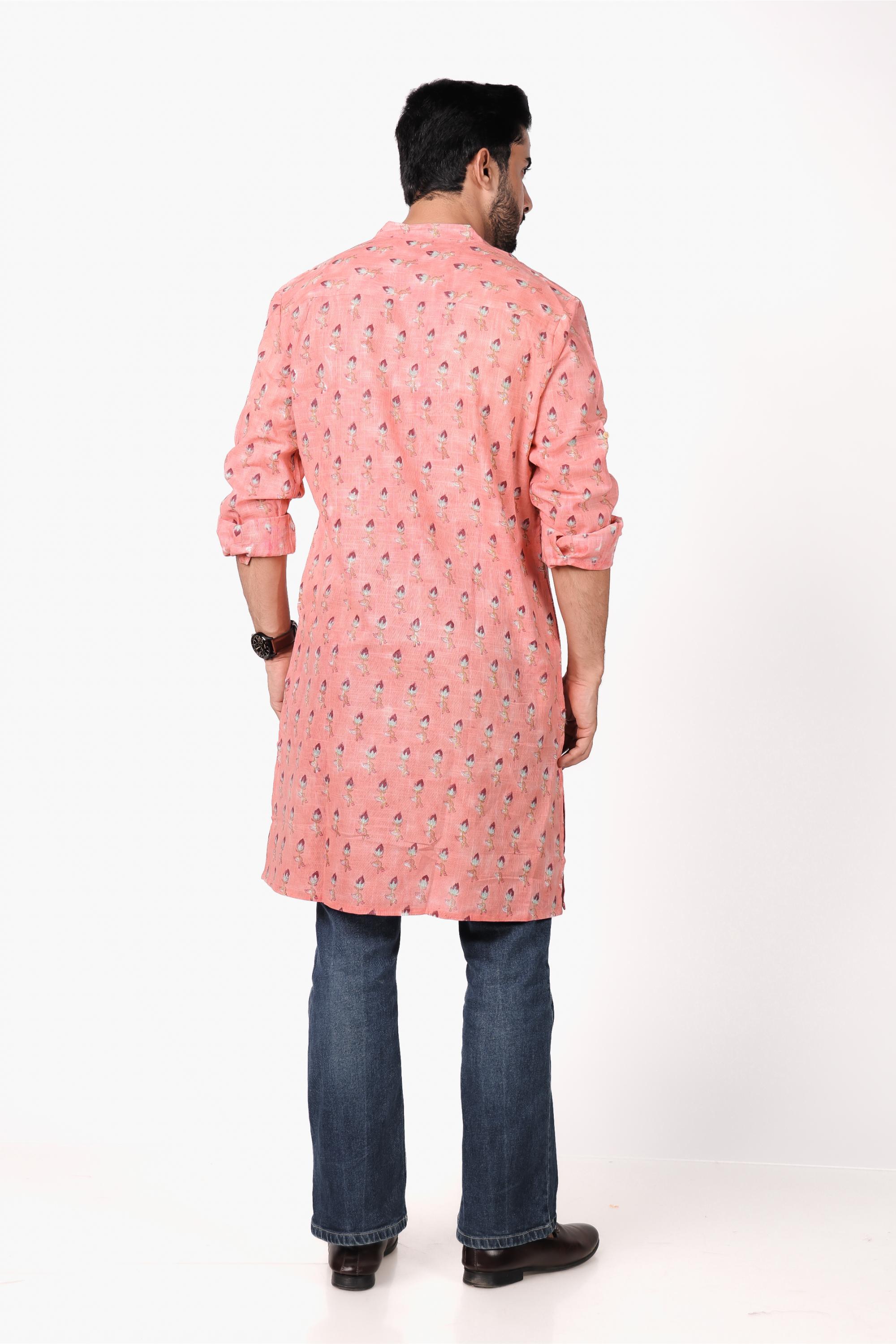 Men’s Hand Block Printed Cotton Slub Long Kurta