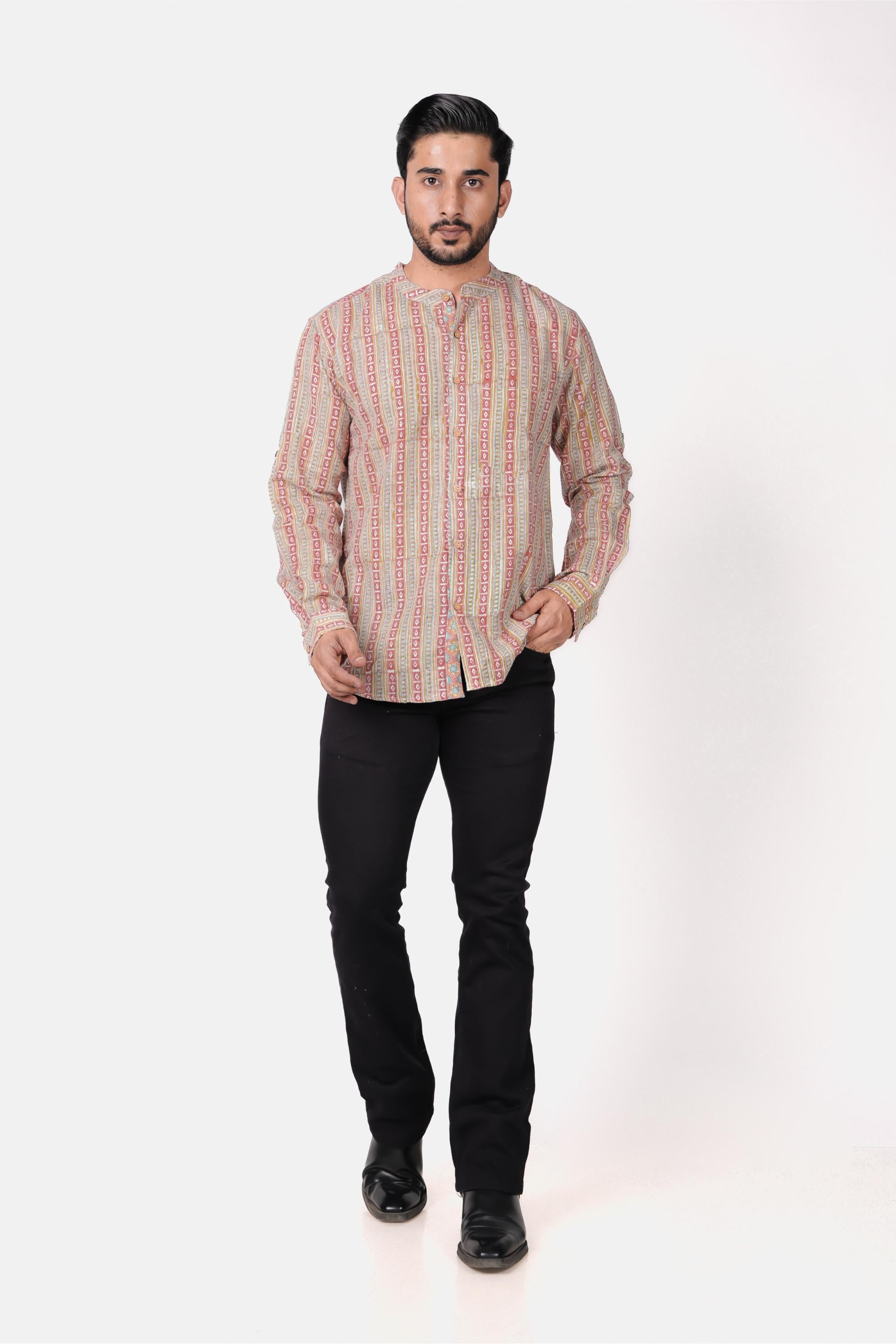 Men’s Brown Cotton Slub Hand Block Printed Shirt