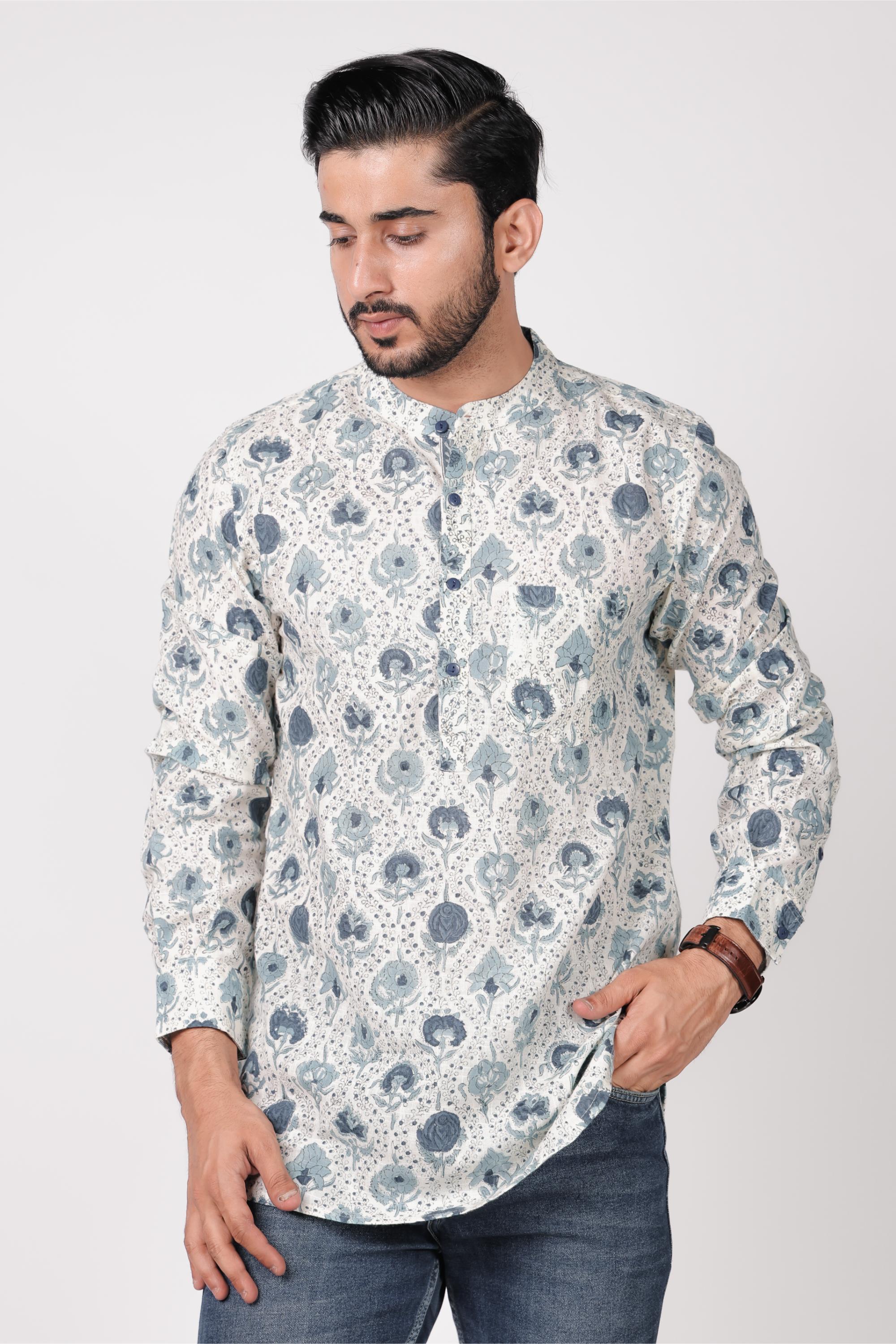 Men’s White Hand Block Printed Short Kurta