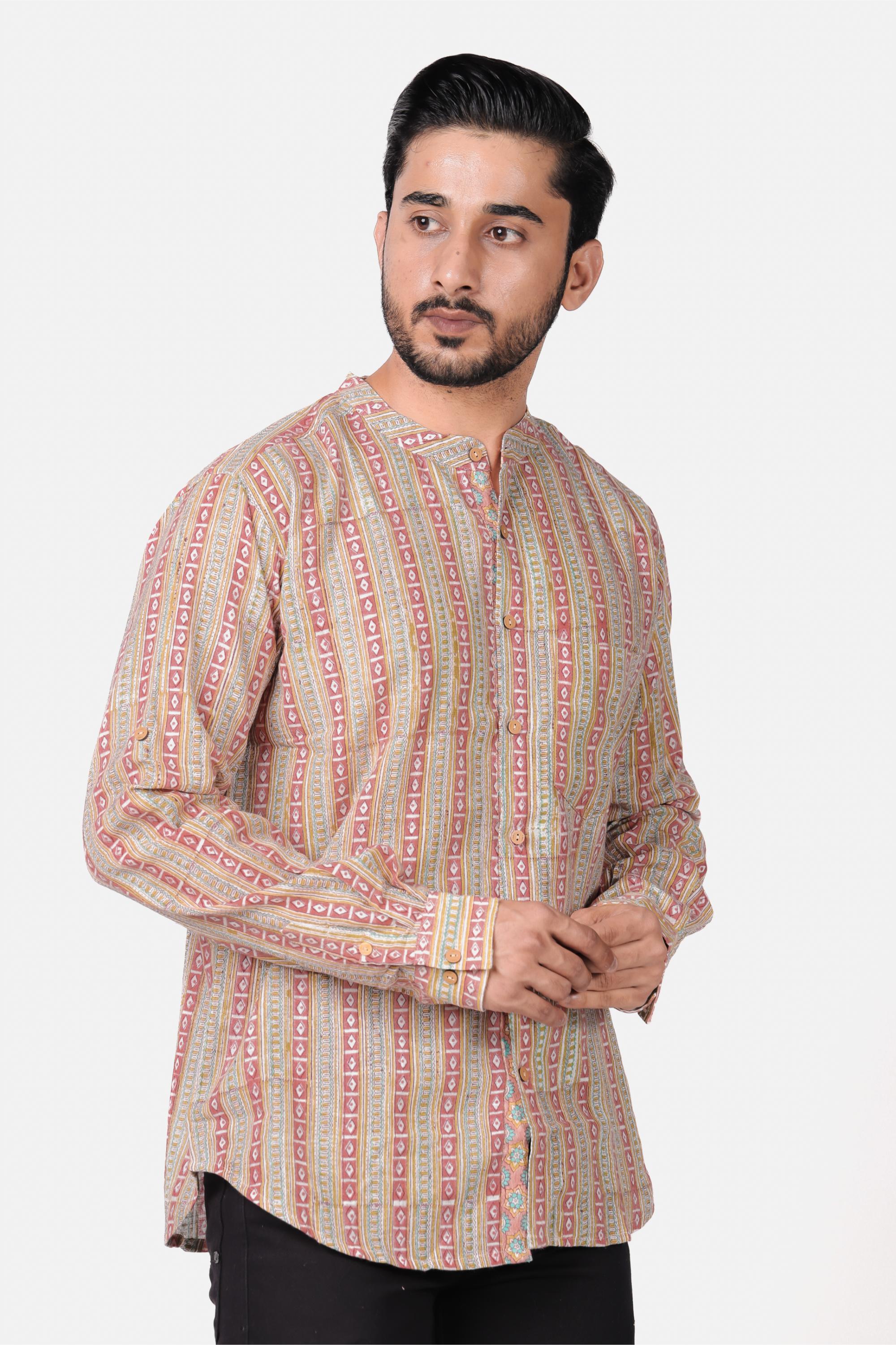 Men’s Brown Cotton Slub Hand Block Printed Shirt