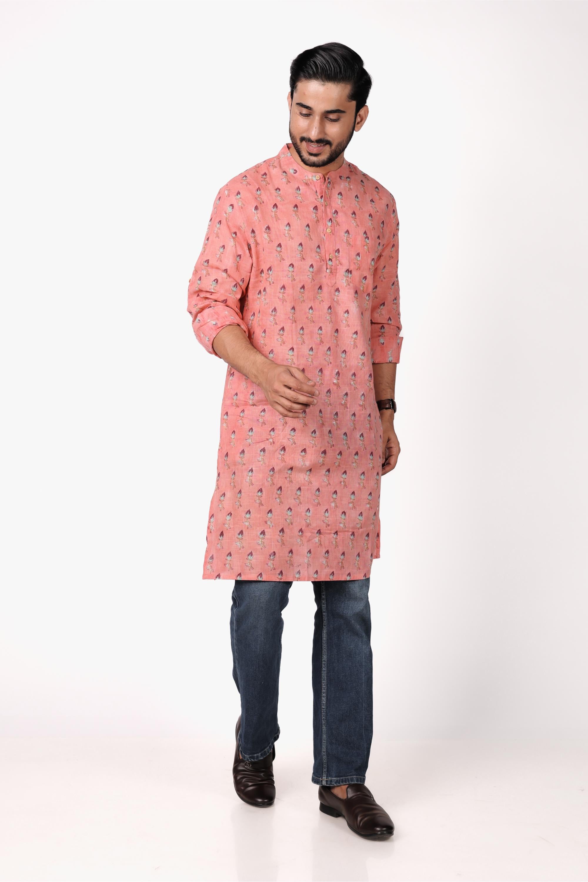 Men’s Hand Block Printed Cotton Slub Long Kurta