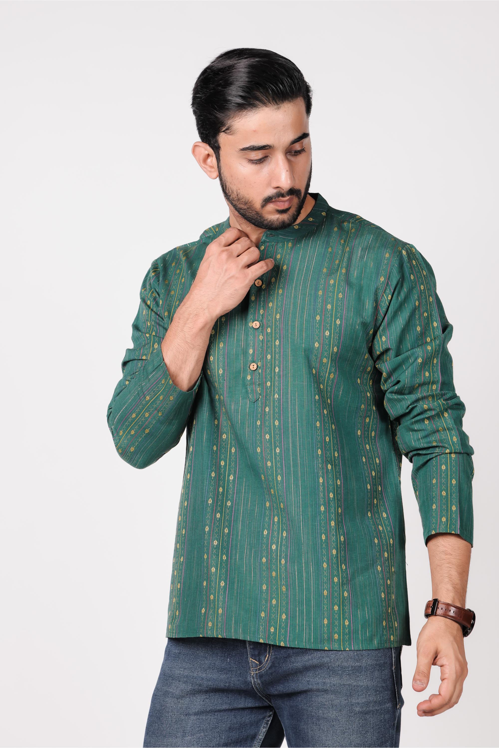 Classic Green Cotton Blend Short Kurta