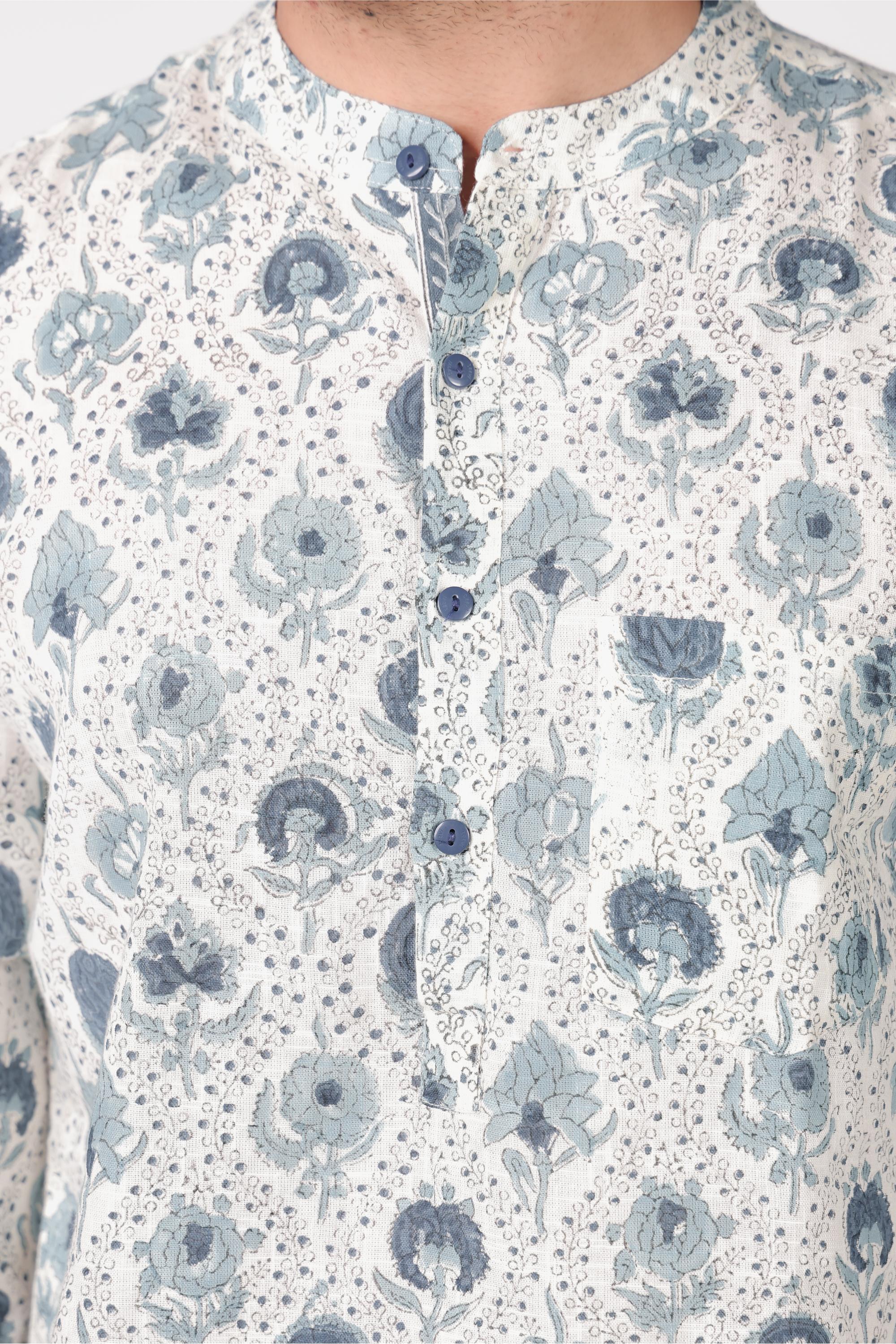 Men’s White Hand Block Printed Short Kurta