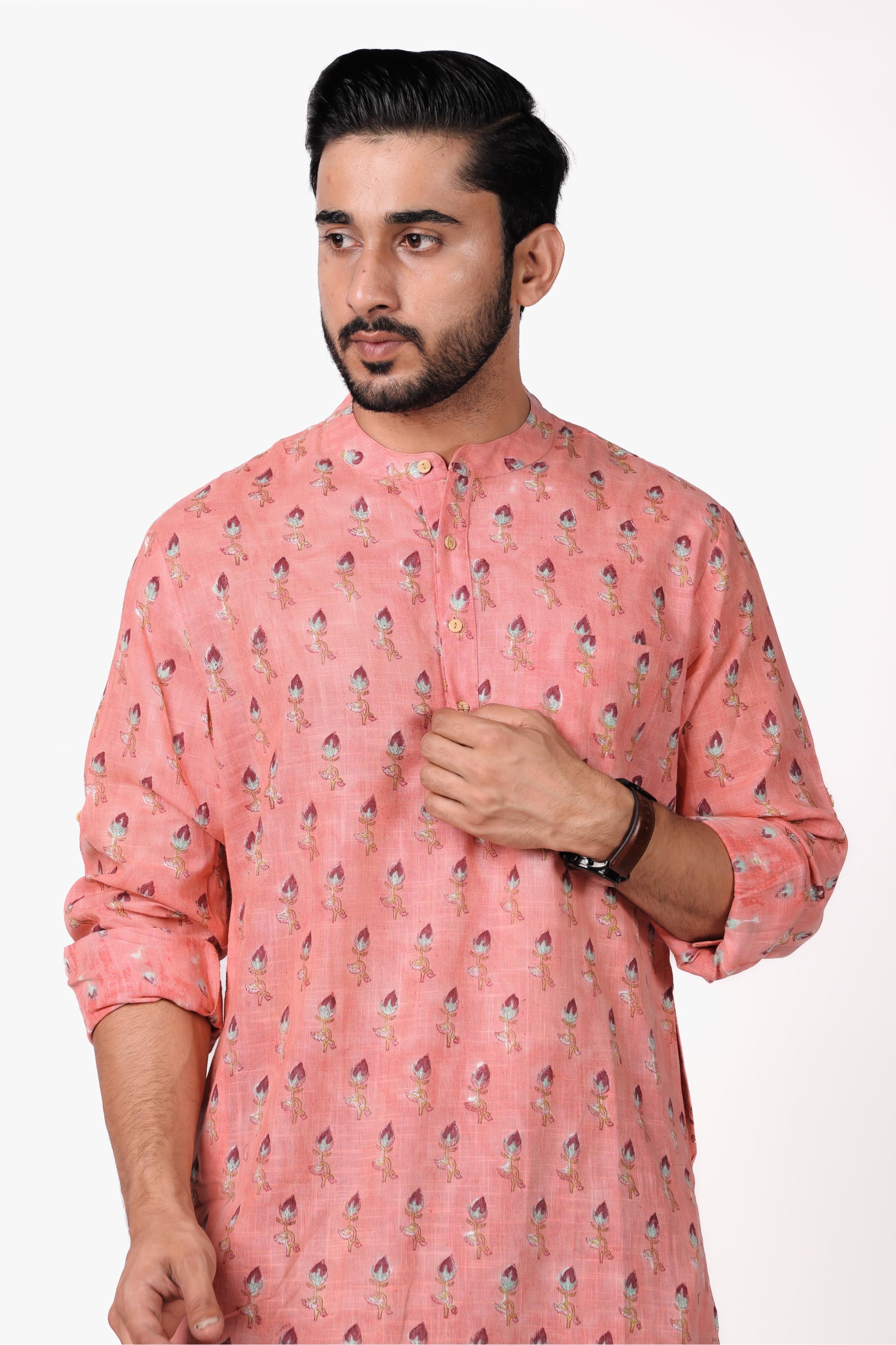 Men’s Hand Block Printed Cotton Slub Long Kurta