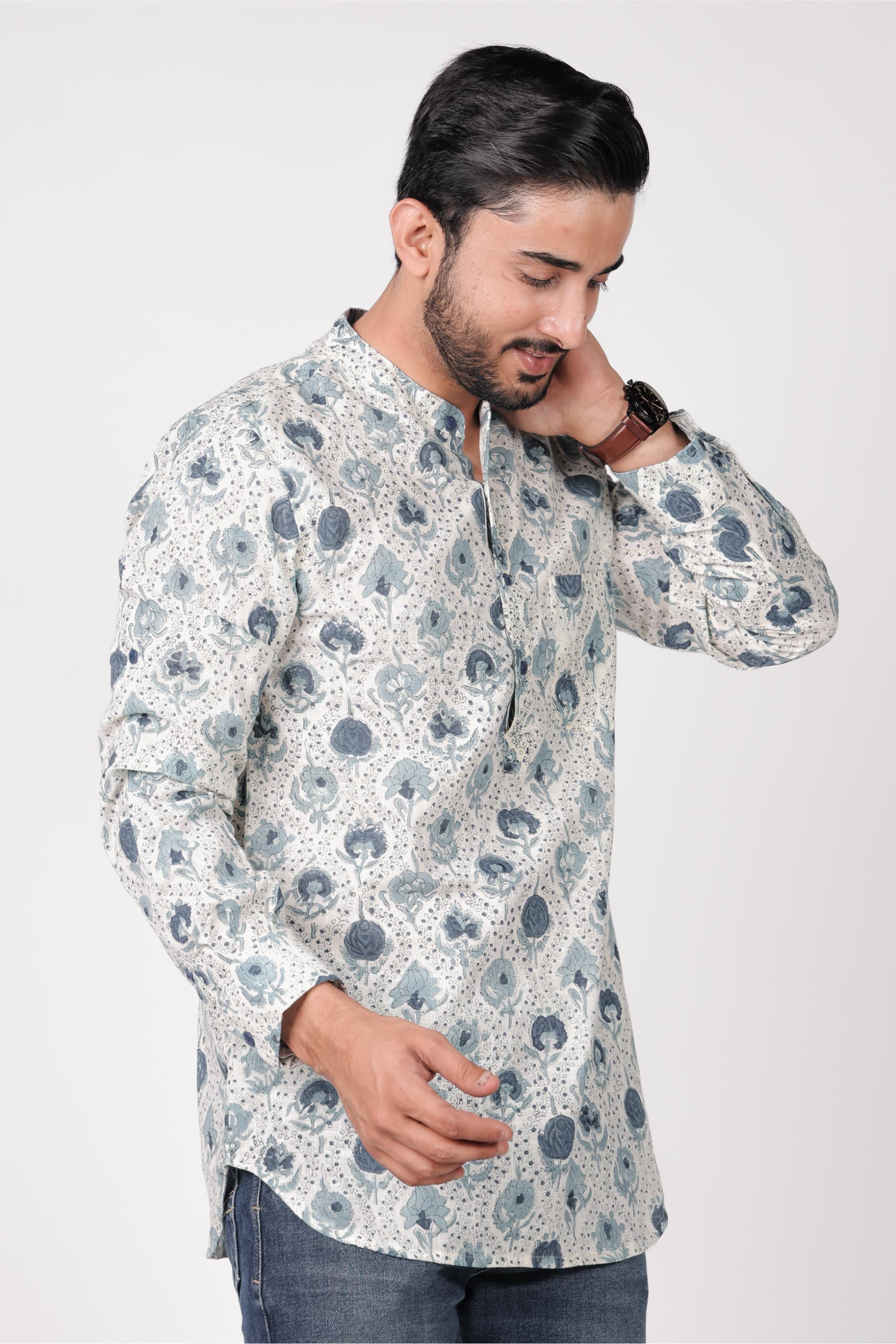 Men’s White Hand Block Printed Short Kurta