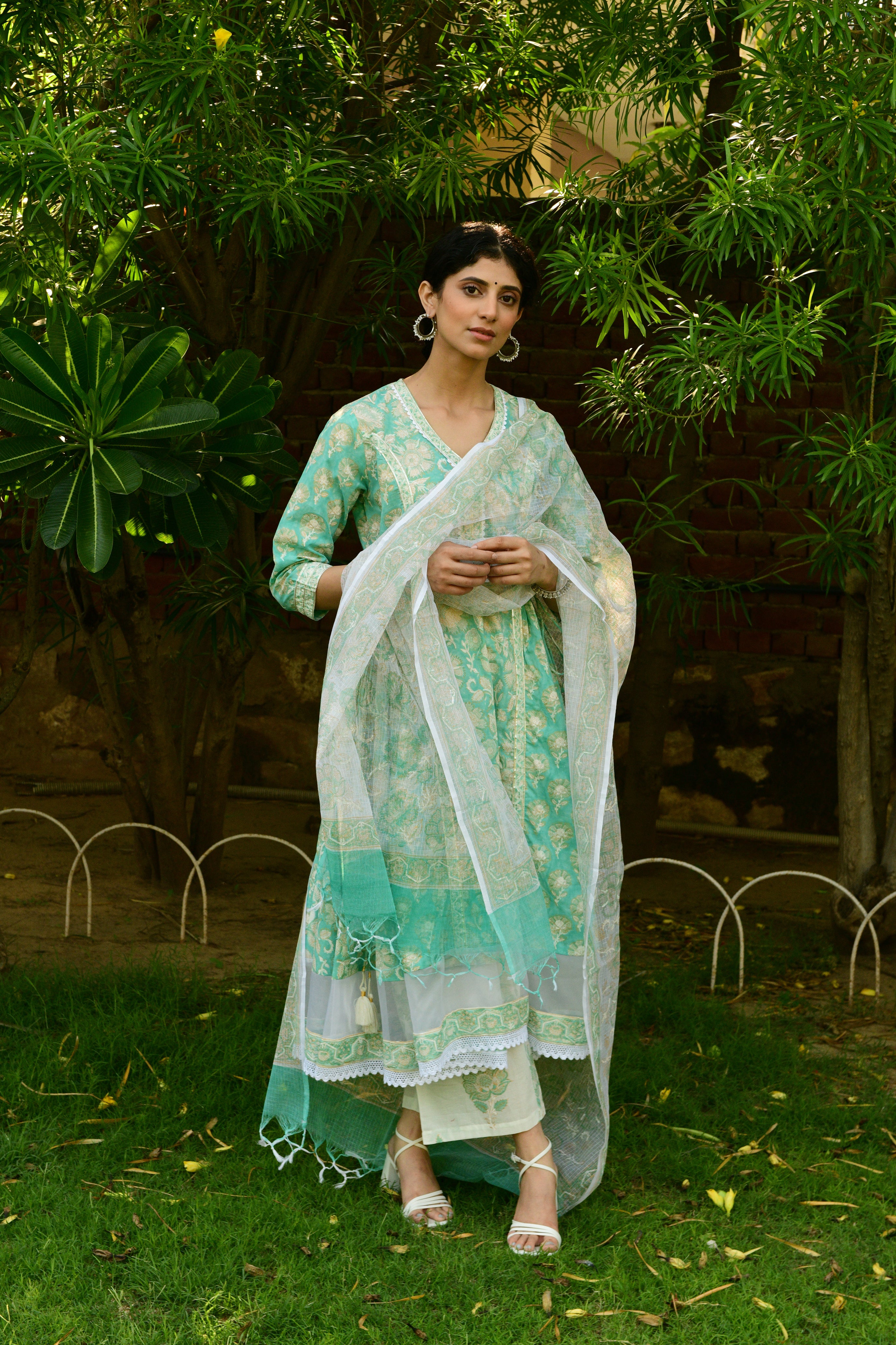 Hand Block Printed V-Neck Green Kurta Suit Set - Shilpi Handicrafts