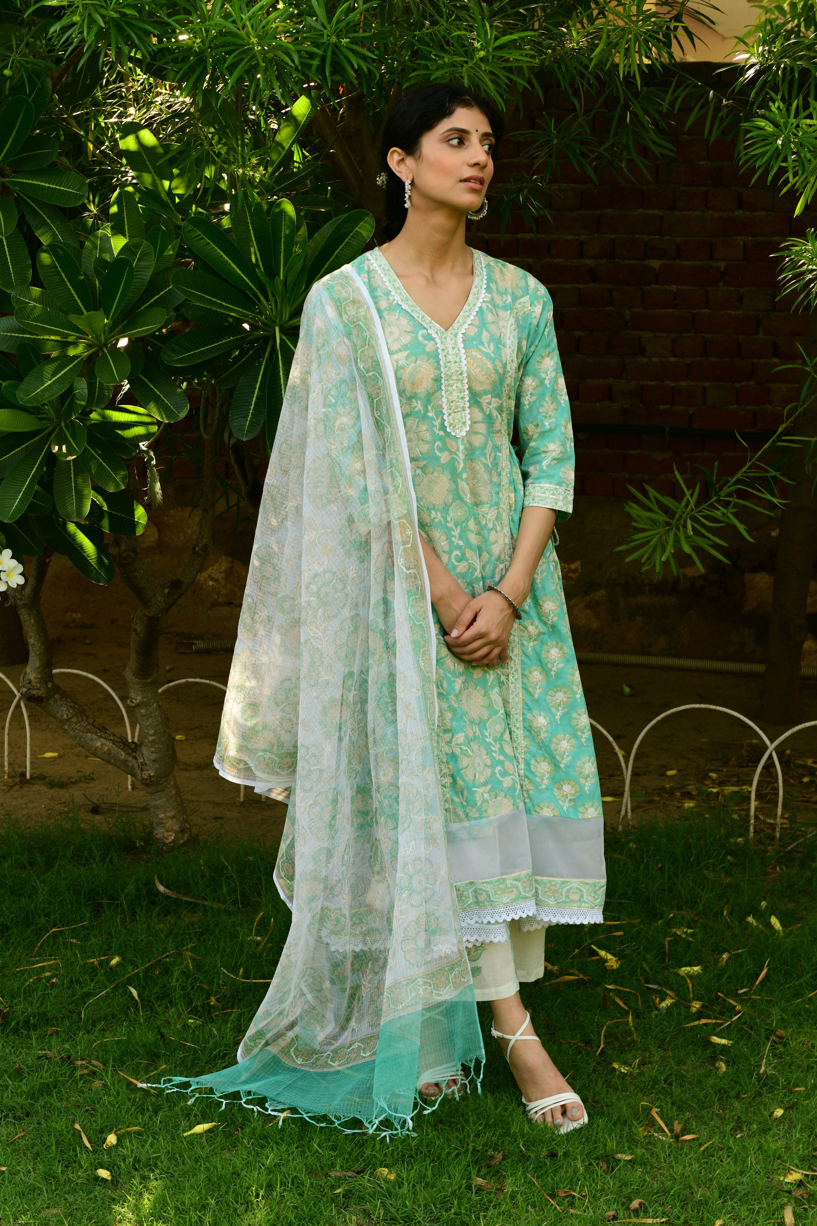 Hand Block Printed V-Neck Green Kurta Suit Set - Shilpi Handicrafts
