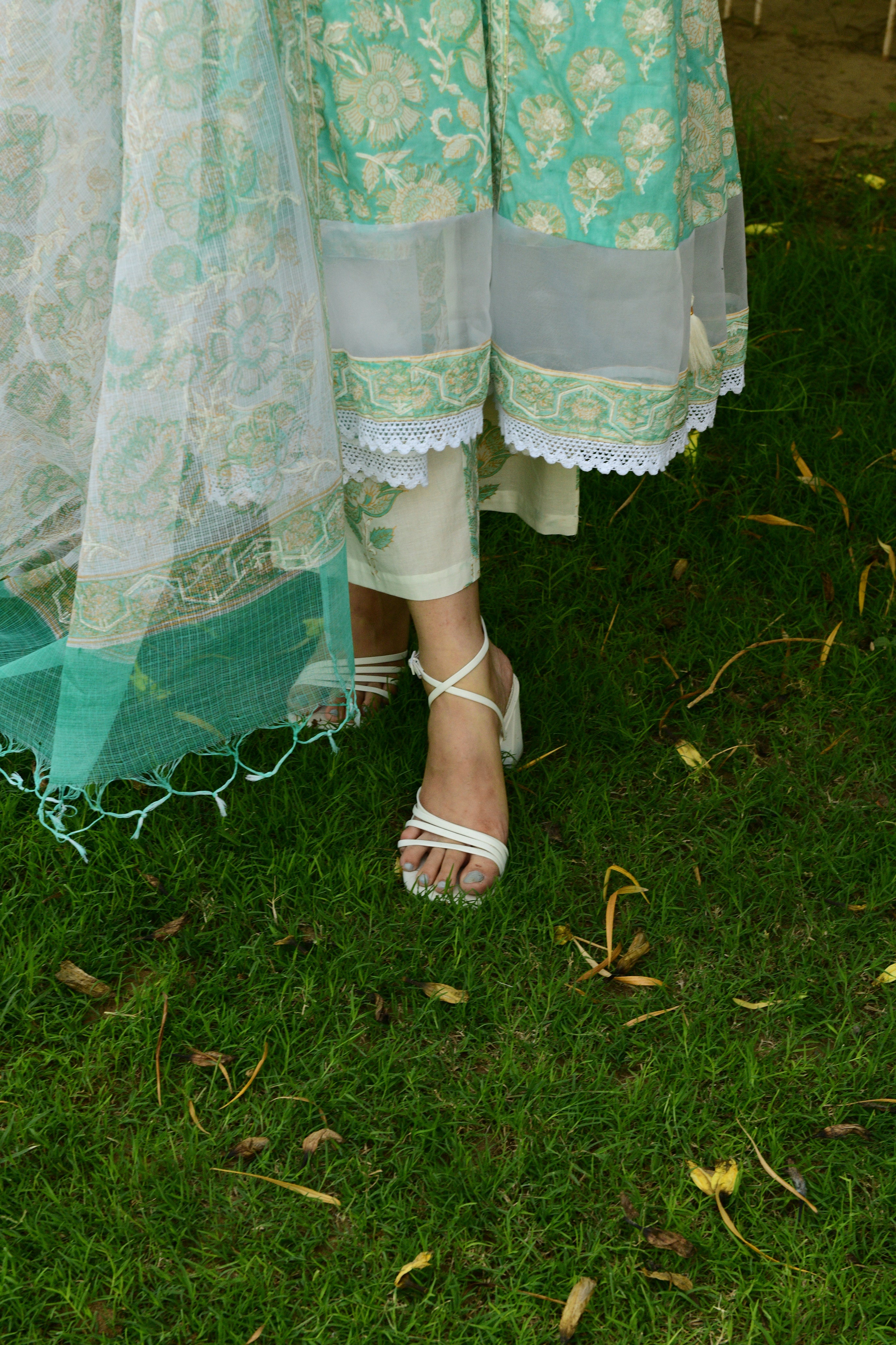 Hand Block Printed V-Neck Green Kurta Suit Set - Shilpi Handicrafts