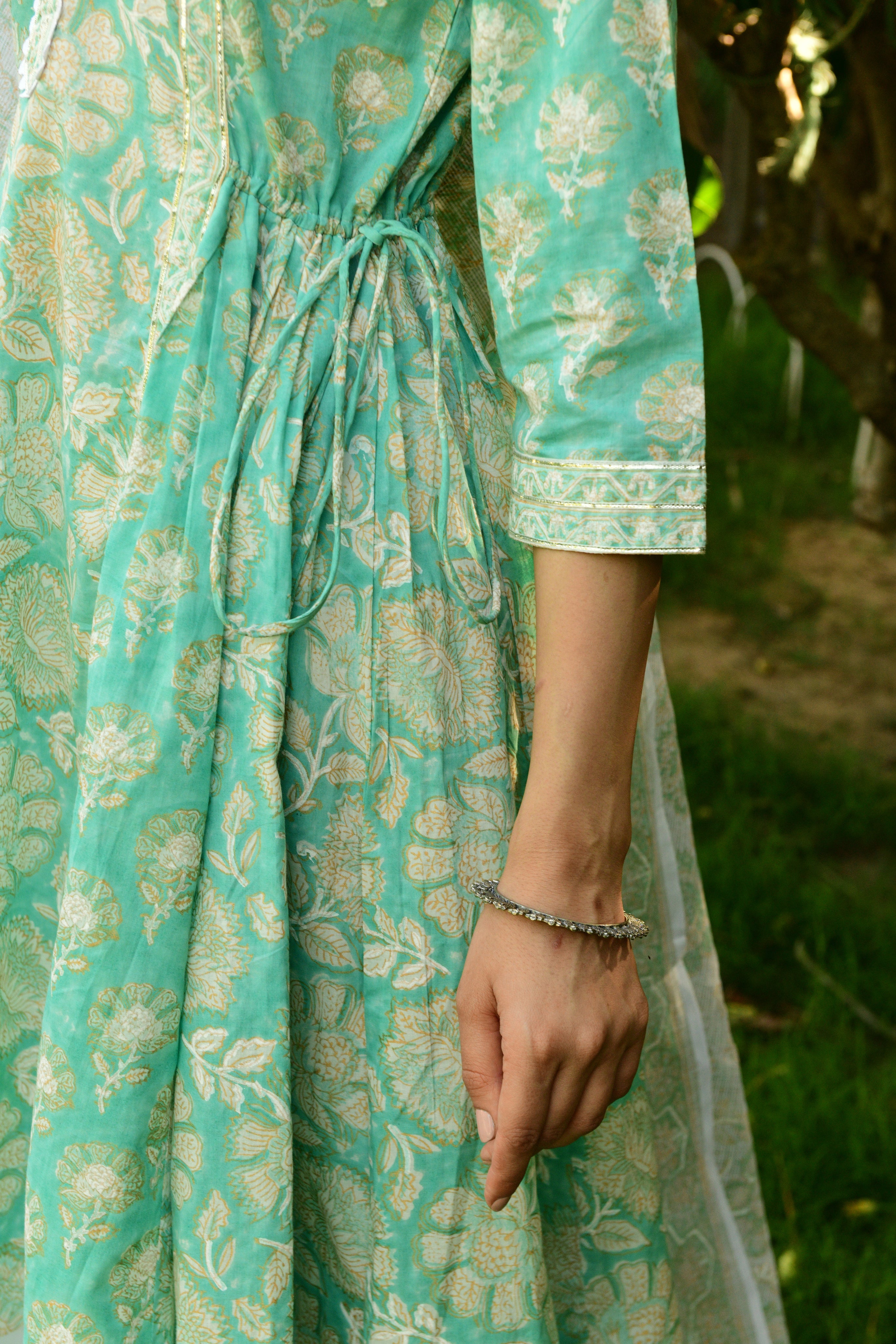 Hand Block Printed V-Neck Green Kurta Suit Set - Shilpi Handicrafts