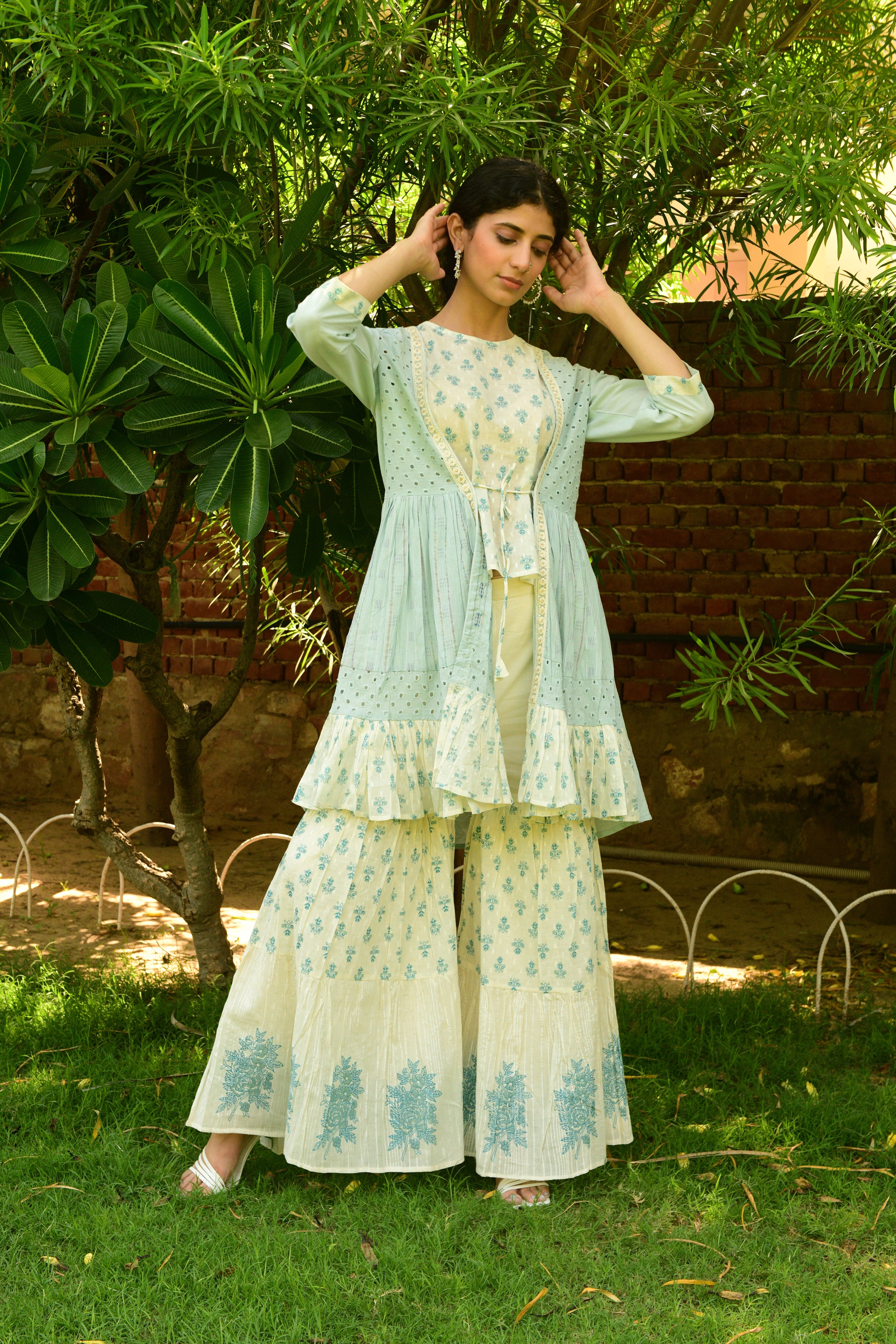 Hand Block Printed Jacket and Sharara Set - Shilpi Handicrafts