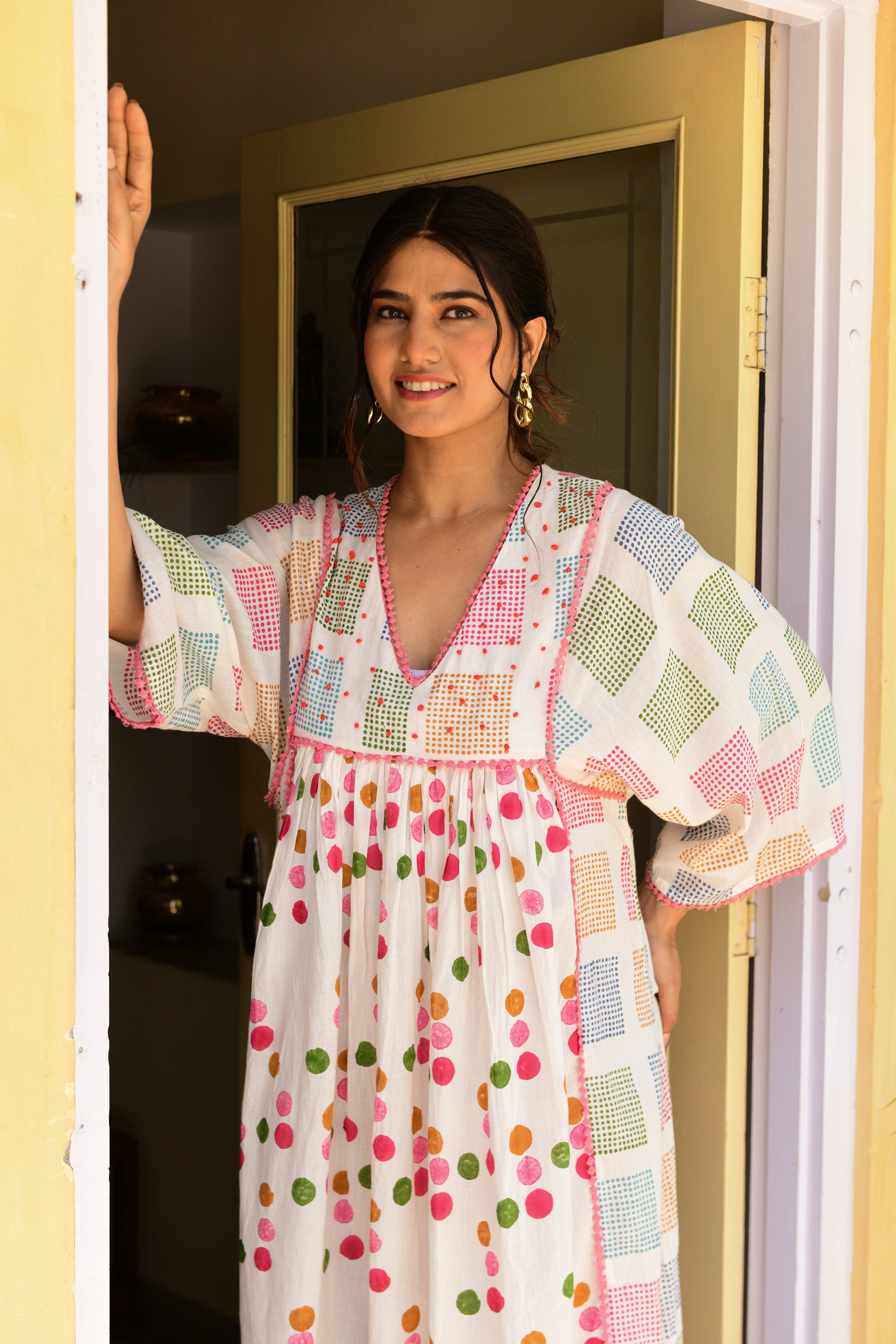 Hand-block Printed Multicolor Cotton V-Neck Dress - Shilpi Handicrafts