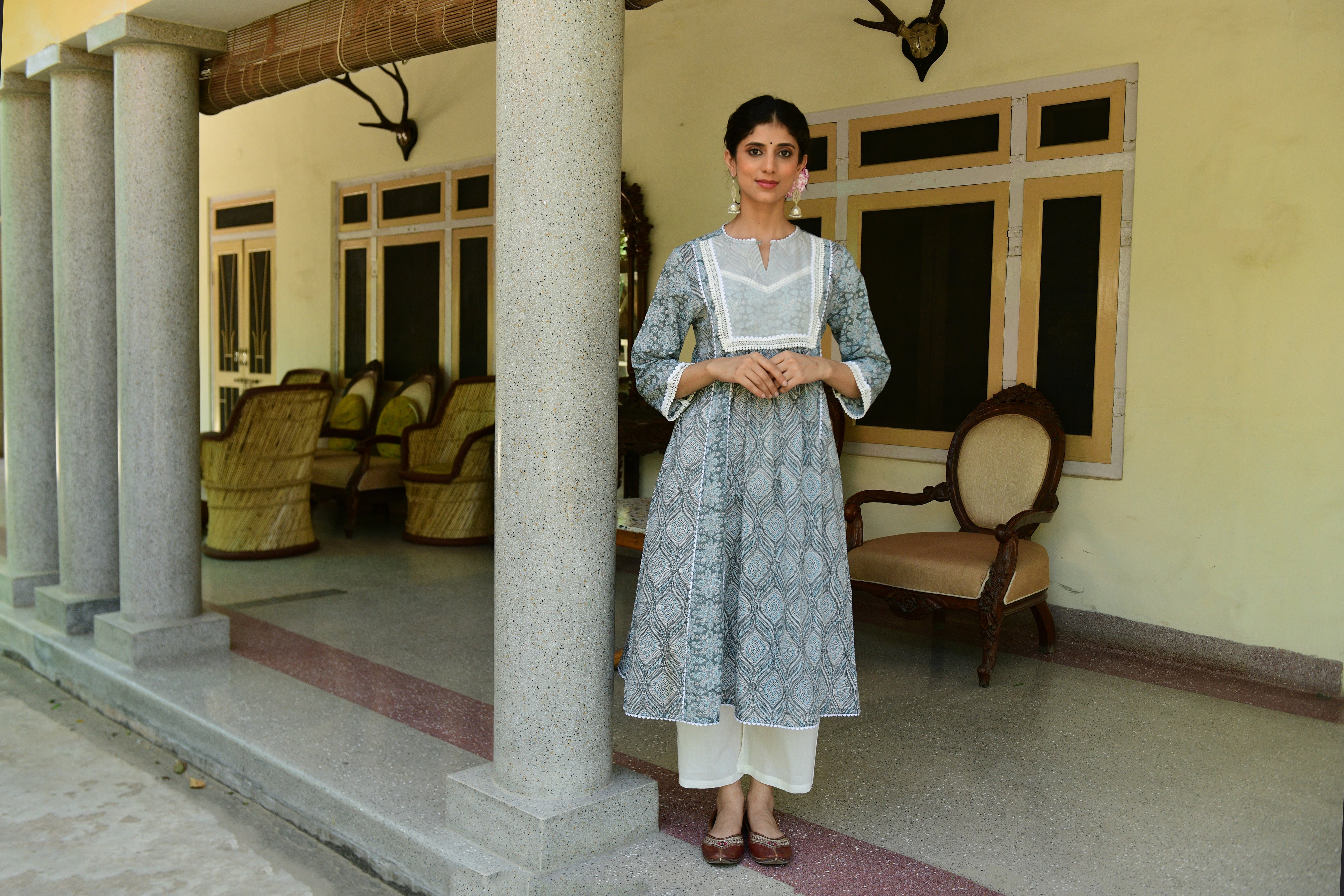 Hand-block Printed Grey Kurta With Pant - Shilpi Handicrafts