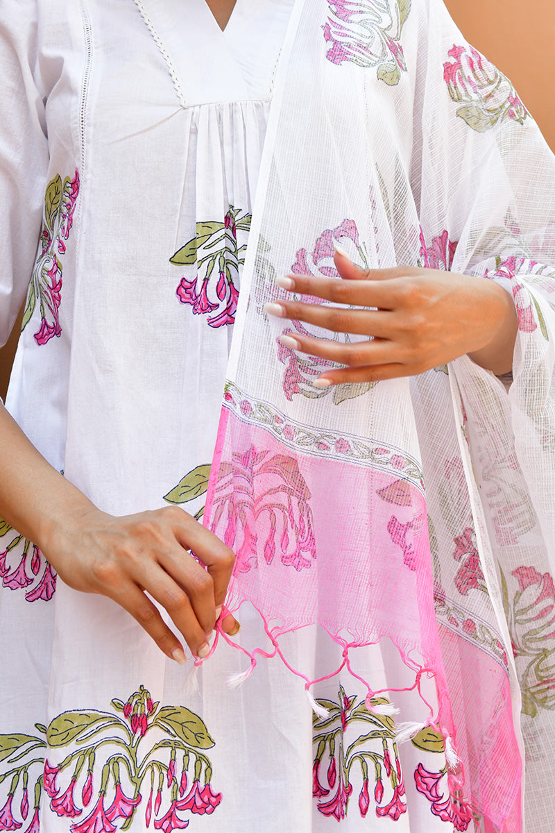 Green & White Hand Block Printed Kurta Set with Palazzo & Dupatta - Set Of 3
