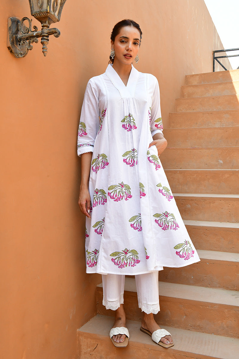 Green & White Hand Block Printed Kurta Set with Palazzo & Dupatta - Set Of 3