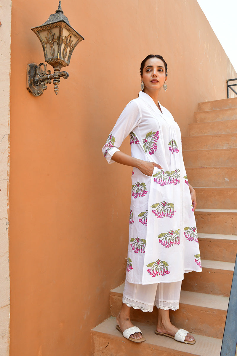 Green & White Hand Block Printed Kurta Set with Palazzo & Dupatta - Set Of 3