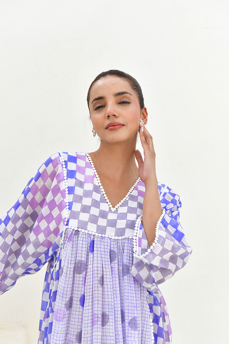 Blue & White Hand Block Printed Midi Dress- Set Of 1