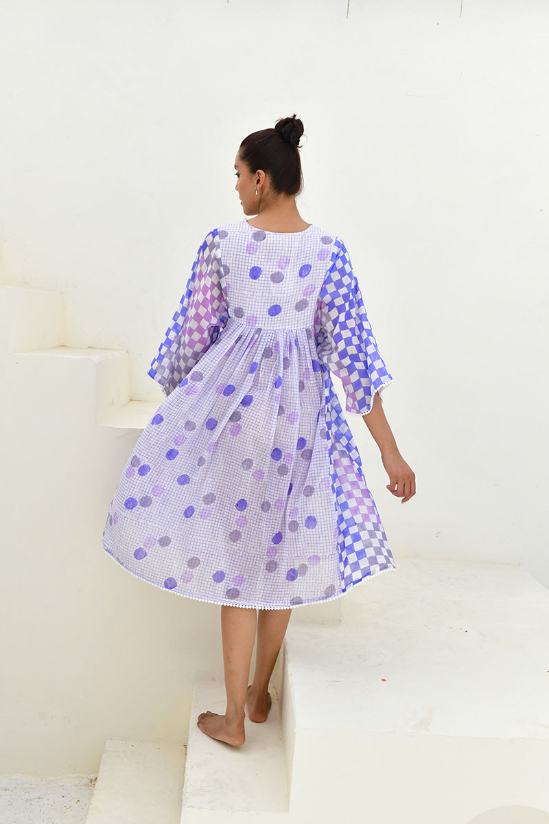Blue & White Hand Block Printed Midi Dress- Set Of 1