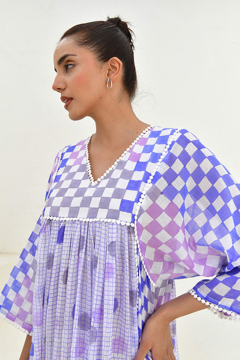 Blue & White Hand Block Printed Midi Dress- Set Of 1