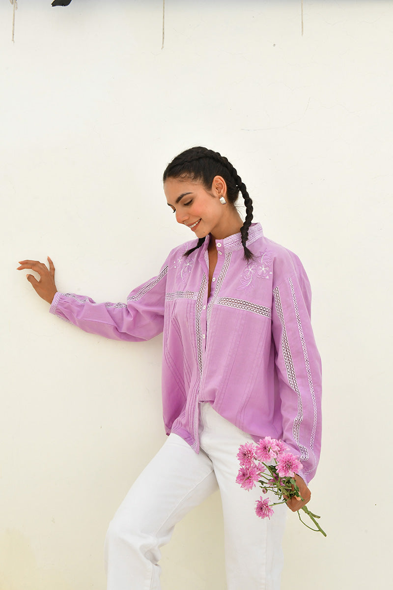 Purple Hand Block Printed Cotton Shirt-Set Of 1