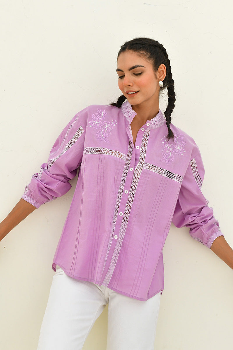 Purple Hand Block Printed Cotton Shirt-Set Of 1