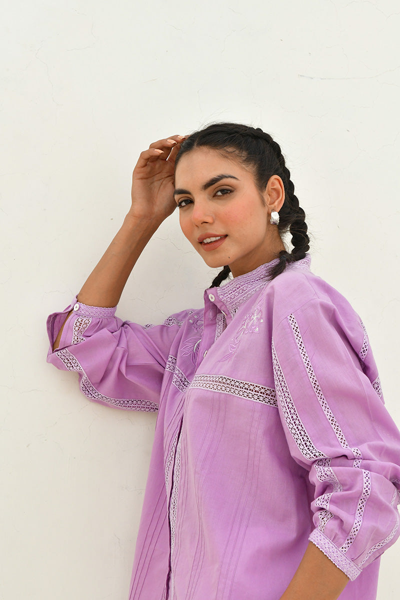 Purple Hand Block Printed Cotton Shirt-Set Of 1