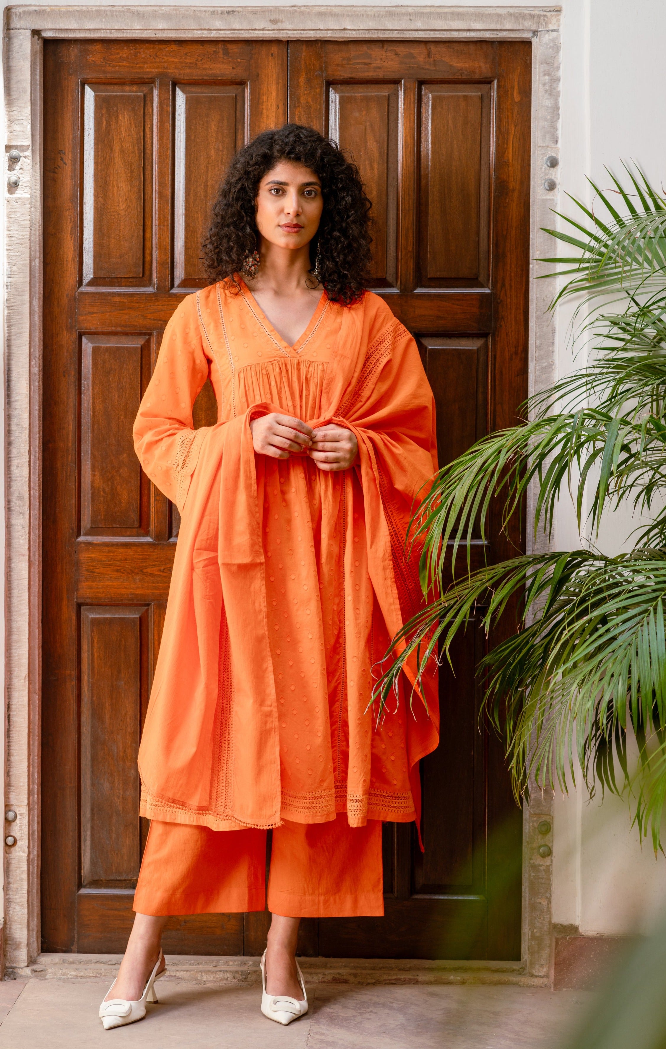 Bahaar Bright Orange Swiss Dobby Suit Set
