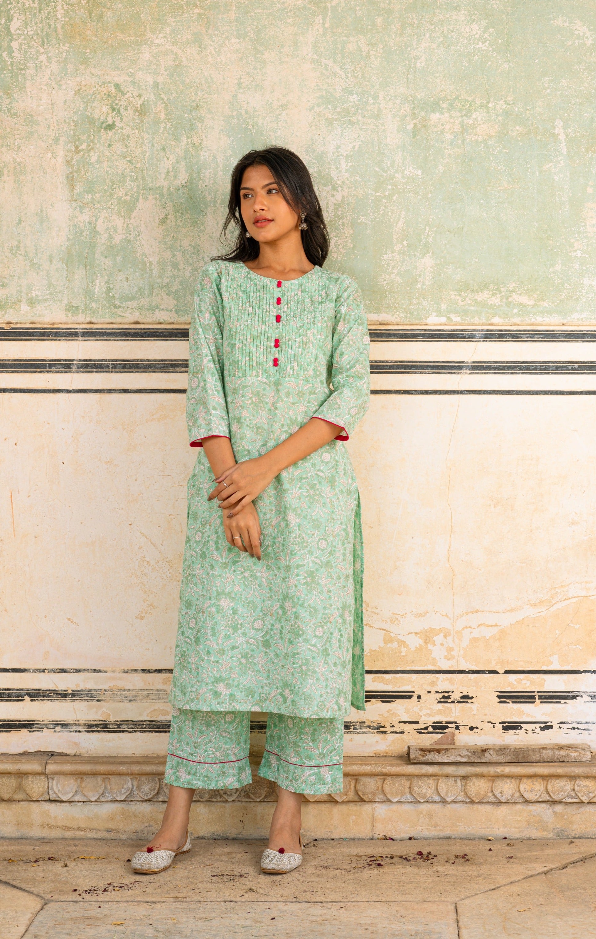 Bahaar Green Slub Cotton Kurta Set