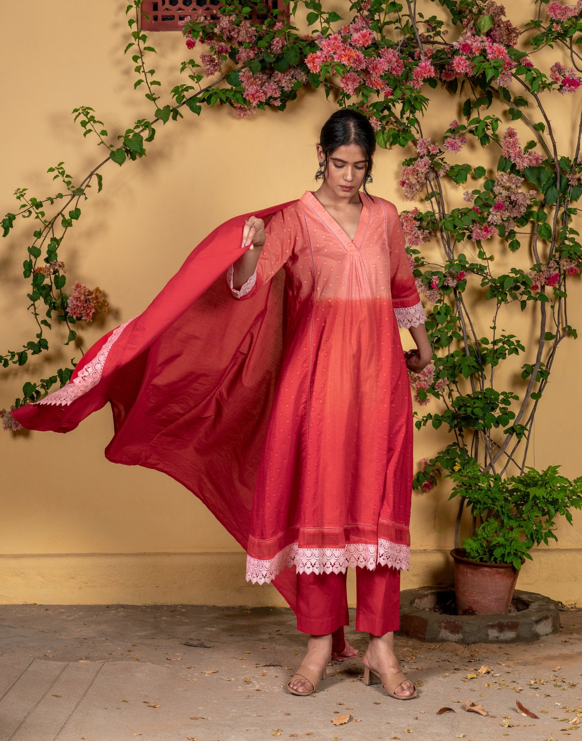 Bahaar Red Ombre Cotton Suit Set
