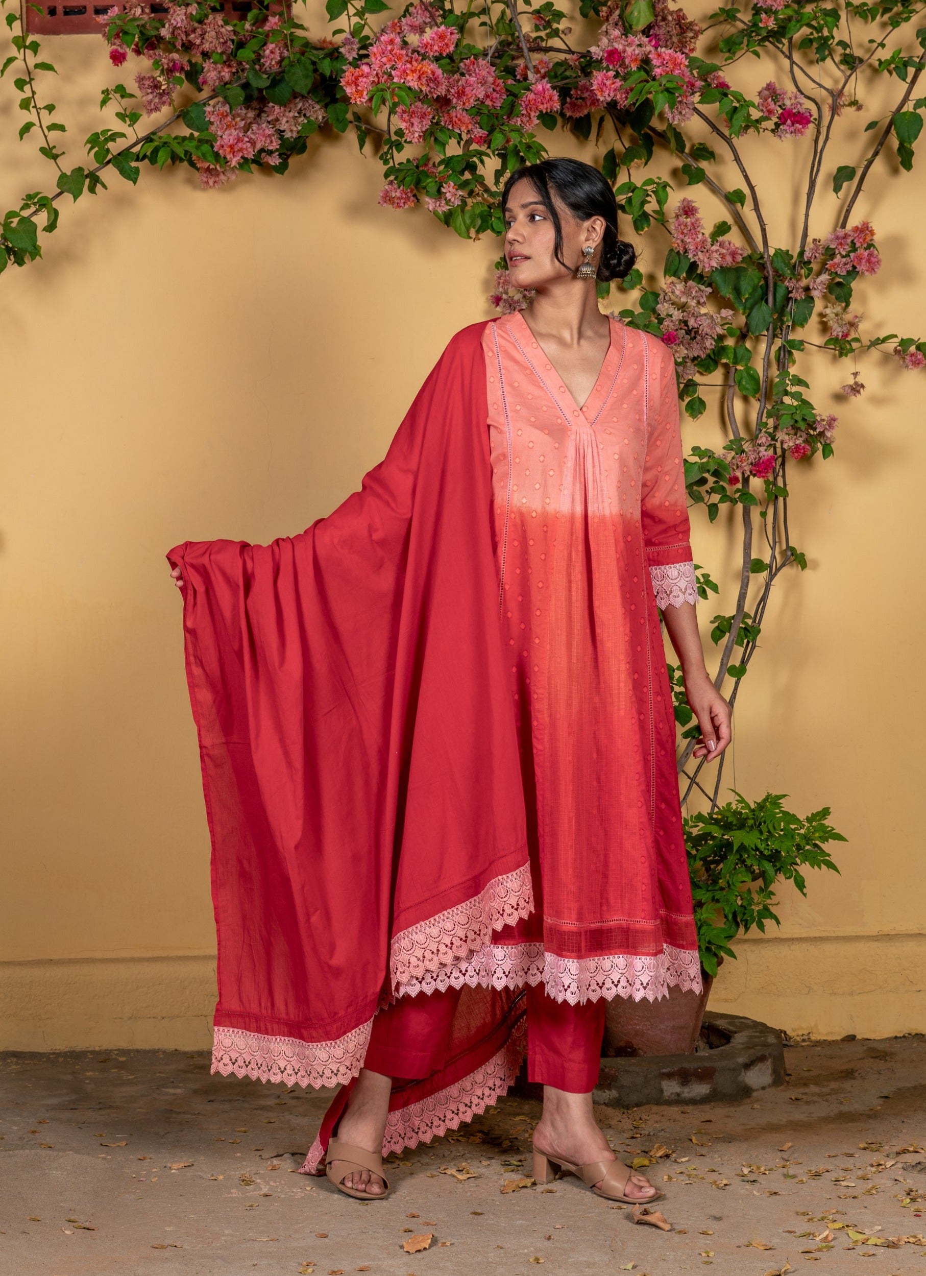 Bahaar Red Ombre Cotton Suit Set