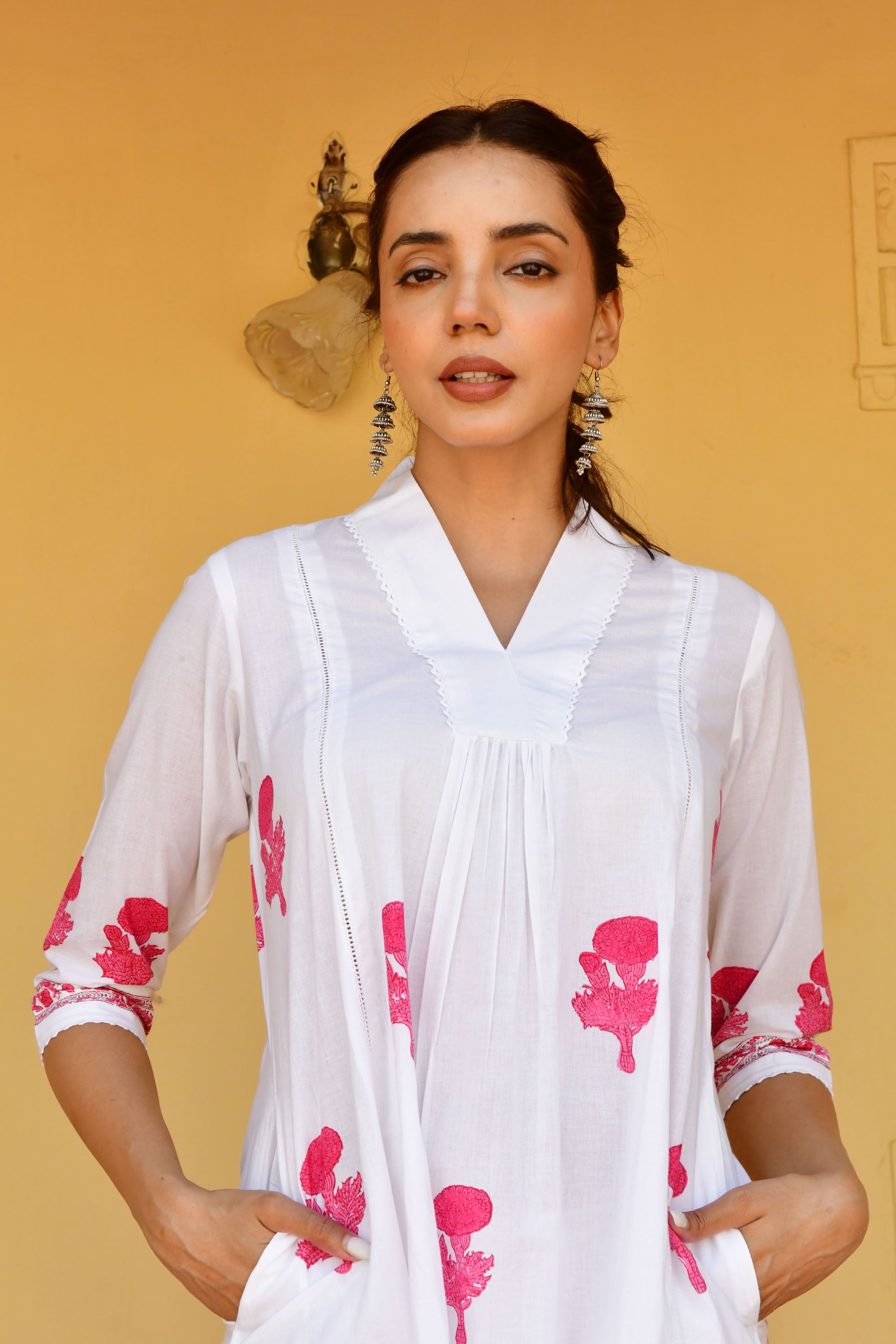 Pink & White Hand Block Printed Kurta Set with Palazzo & Dupatta - Set Of 3