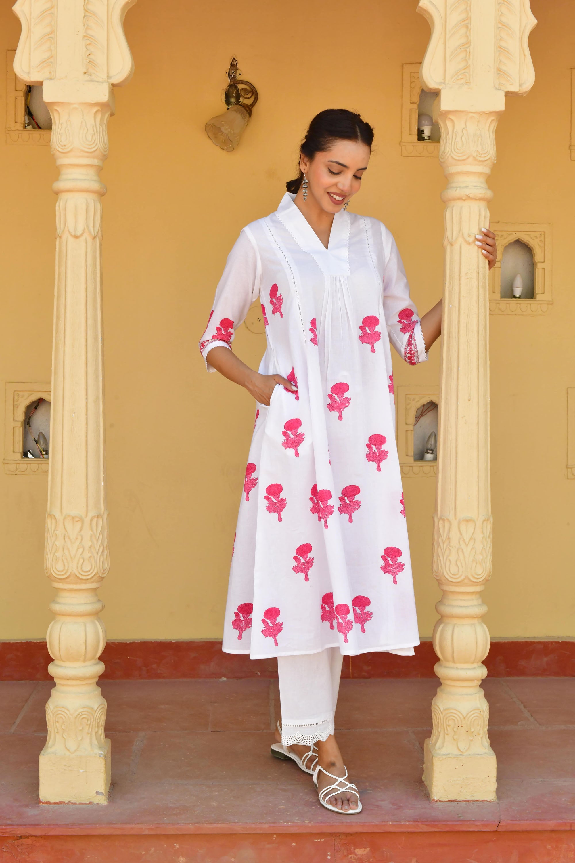 Pink & White Hand Block Printed Kurta Set with Palazzo & Dupatta - Set Of 3