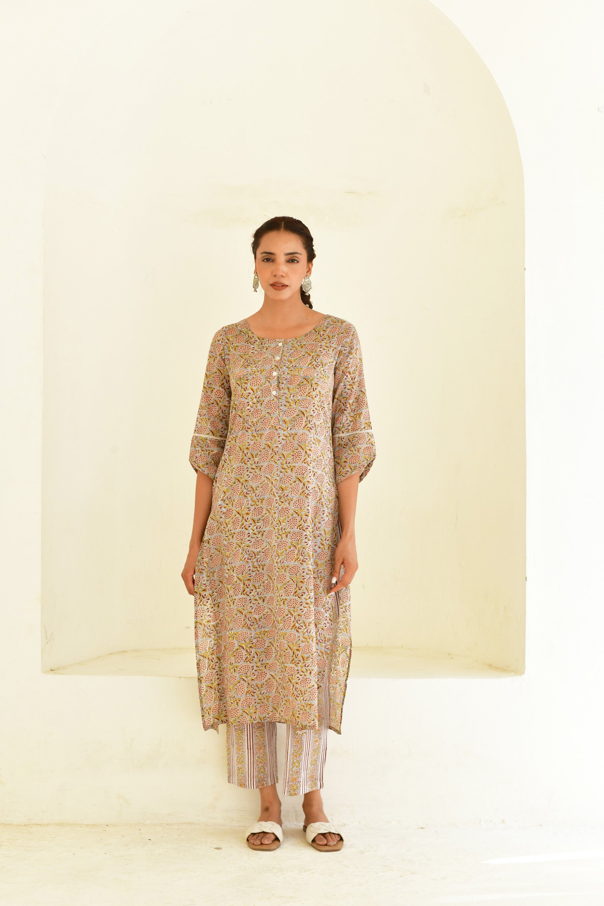 Mahendi Green & Grey Hand Block Printed Kurta Set with Pant & Dupatta- Set Of 3