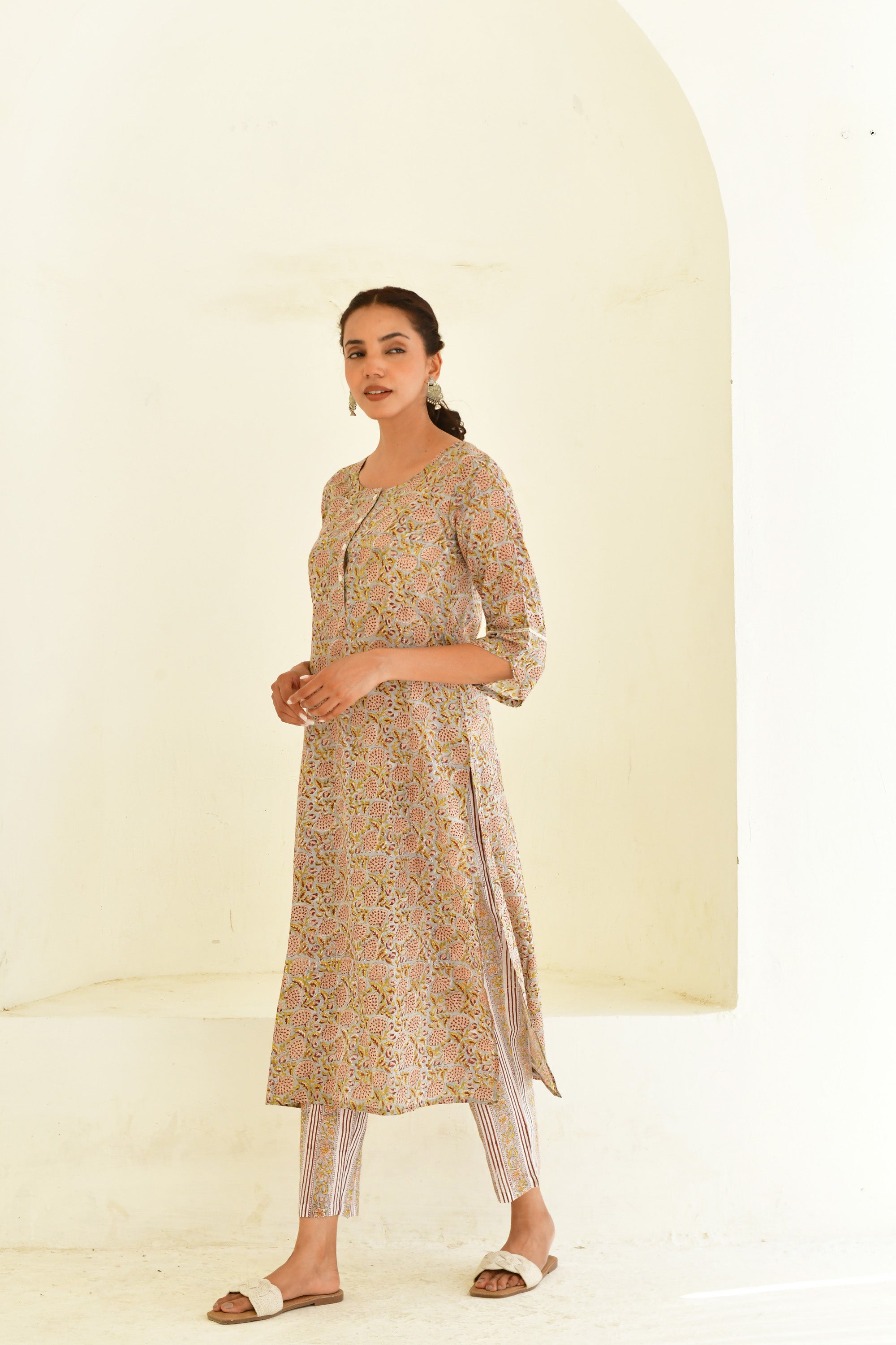 Mahendi Green & Grey Hand Block Printed Kurta Set with Pant & Dupatta- Set Of 3