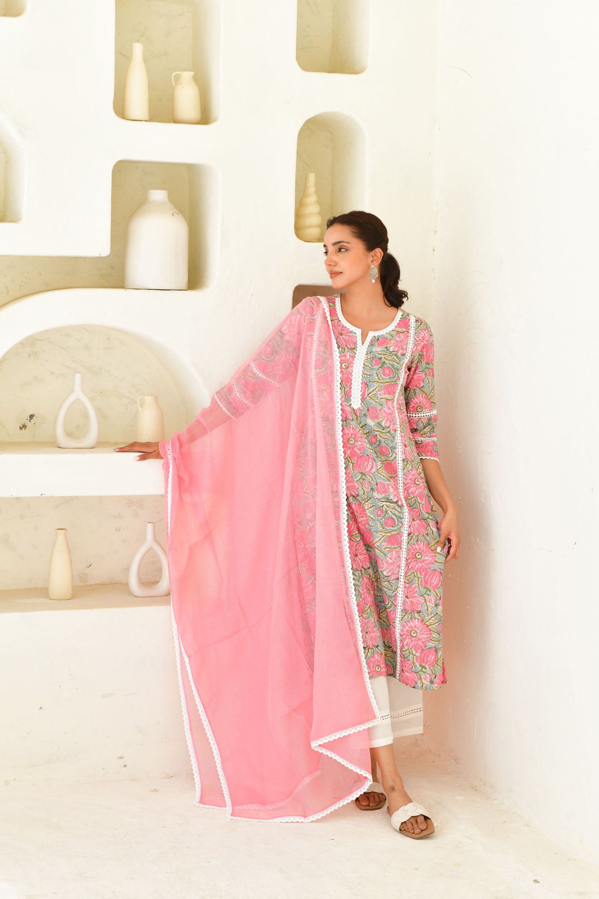 Pink & Multicolor Hand Block Printed Kurta Set with Palazzo & Dupatta-Set Of 3