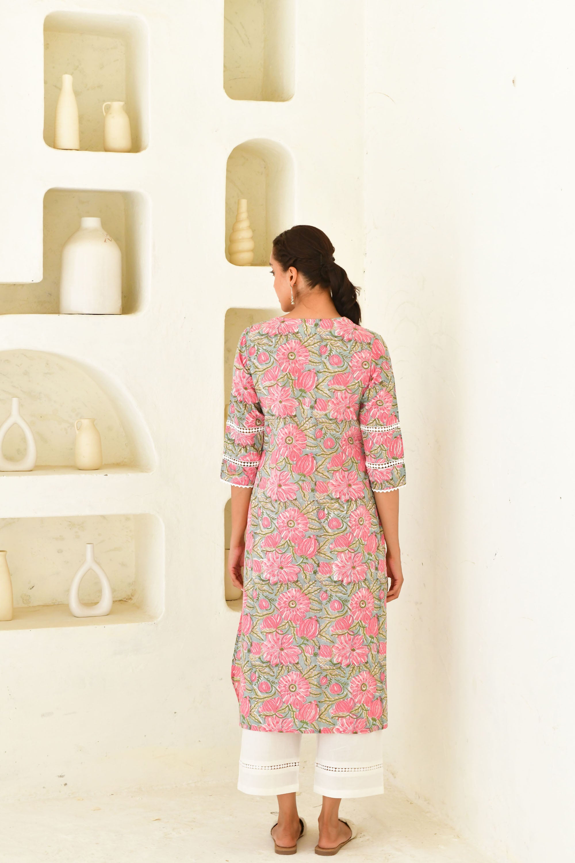 Pink & Multicolor Hand Block Printed Kurta Set with Palazzo & Dupatta-Set Of 3