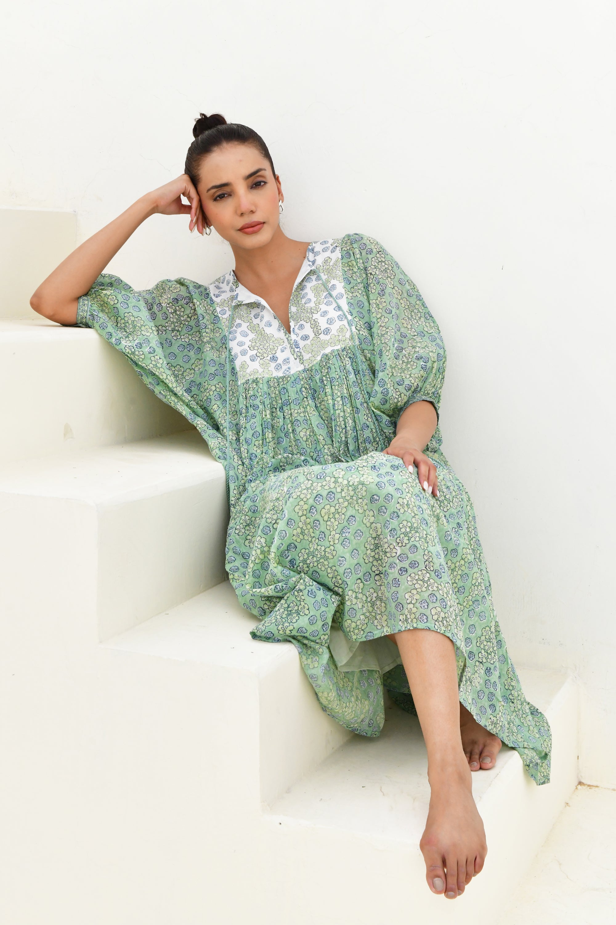 Green & White Hand Block Printed Midi Dress-Set Of 1