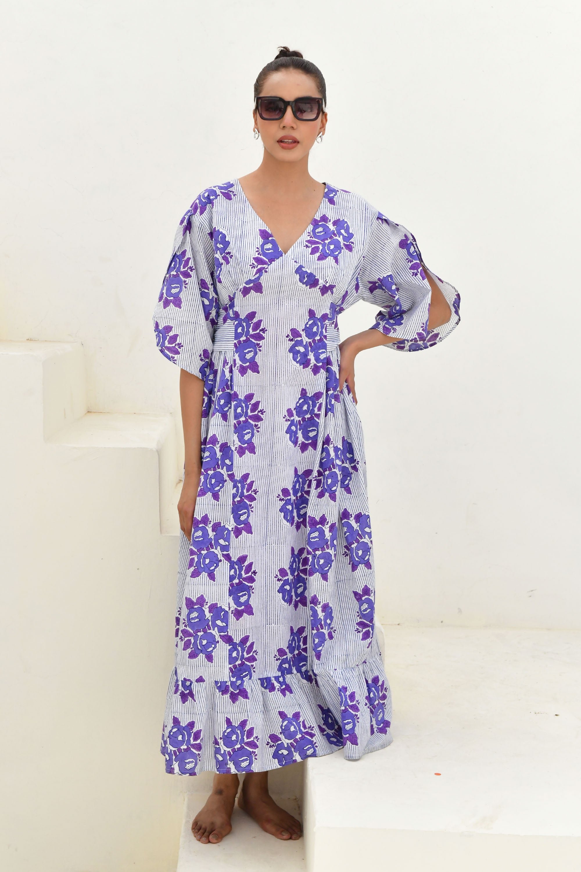 Blue & White Hand Block Printed Long Dress- Set of 1