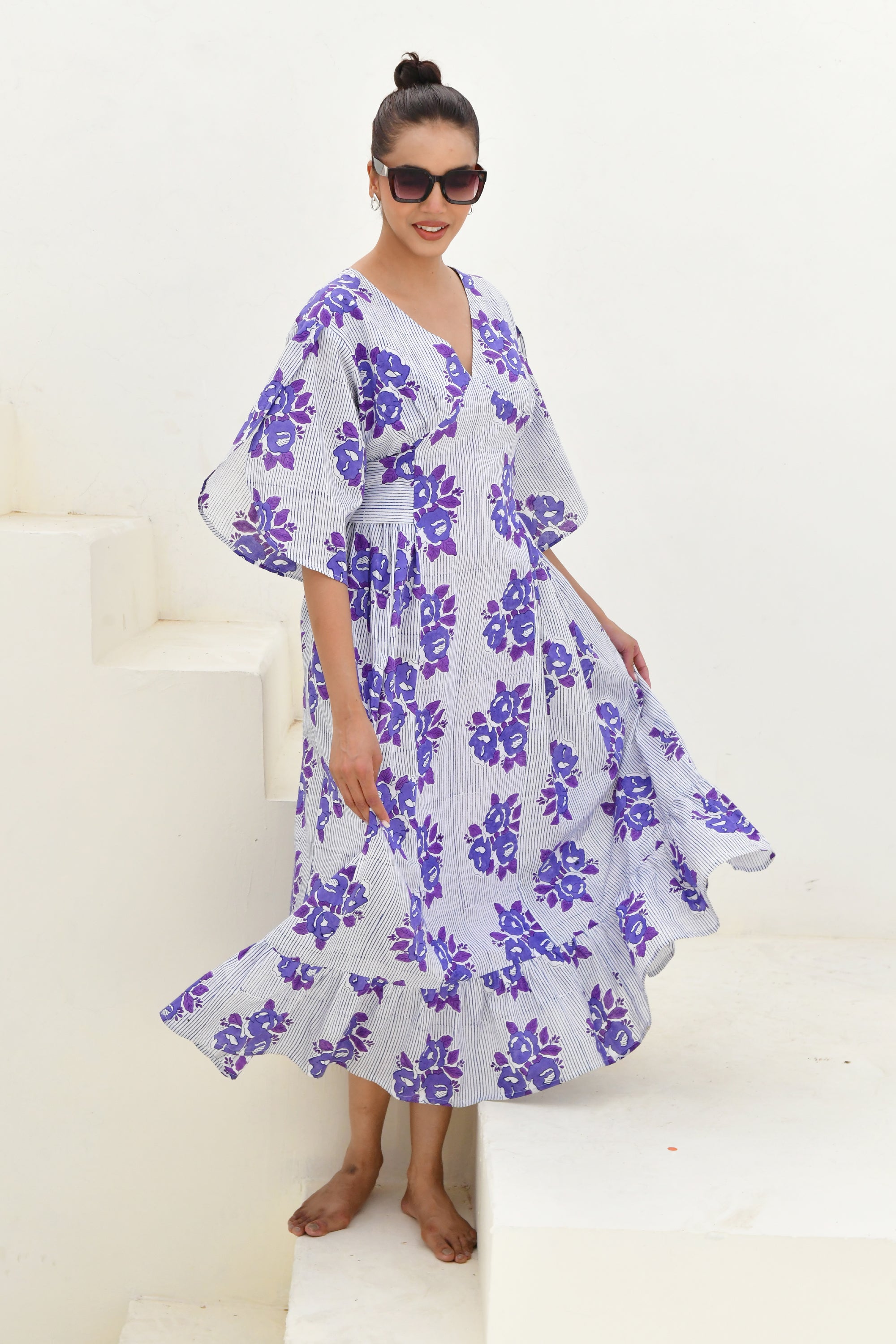 Blue & White Hand Block Printed Long Dress- Set of 1