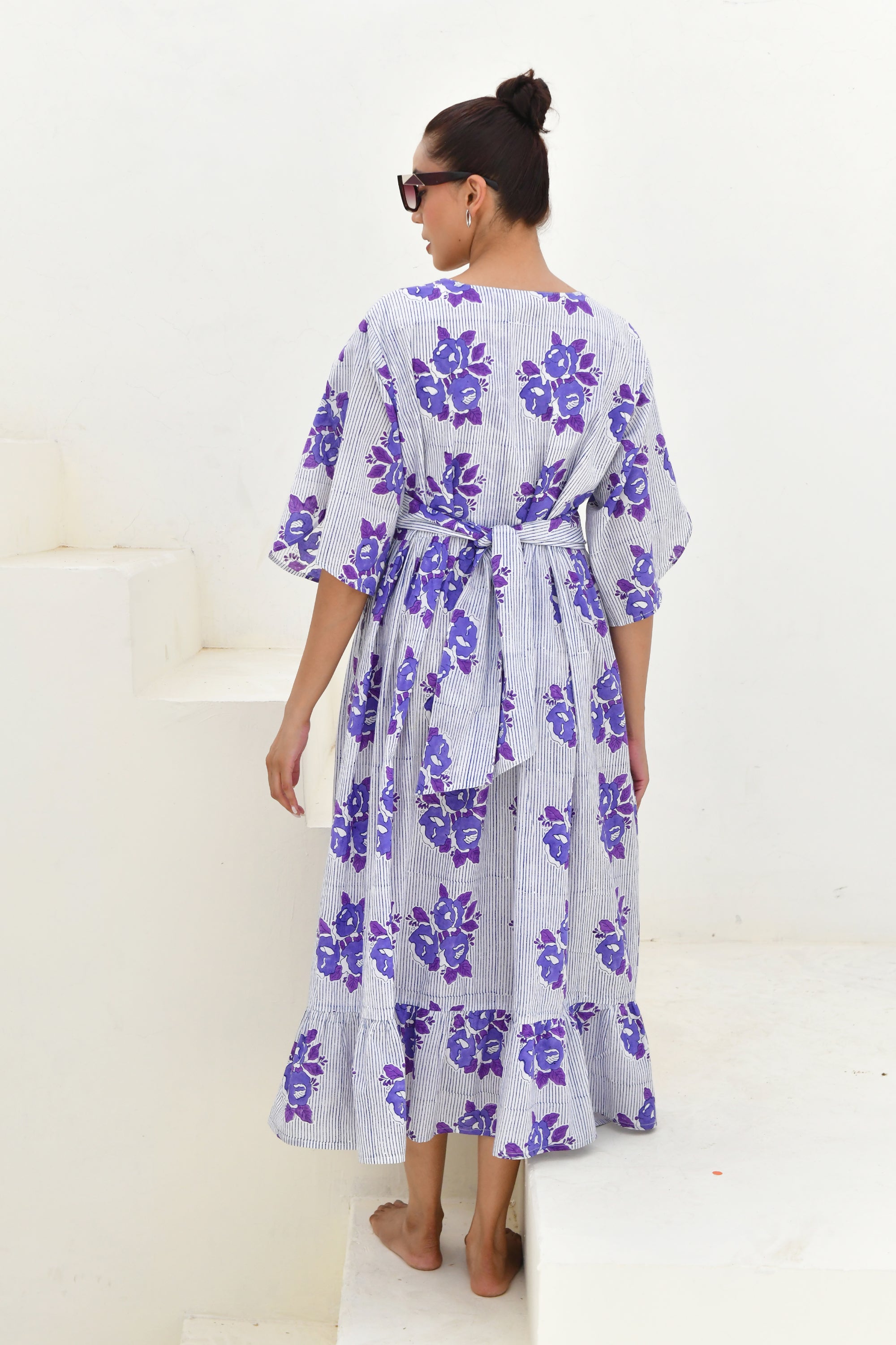 Blue & White Hand Block Printed Long Dress- Set of 1