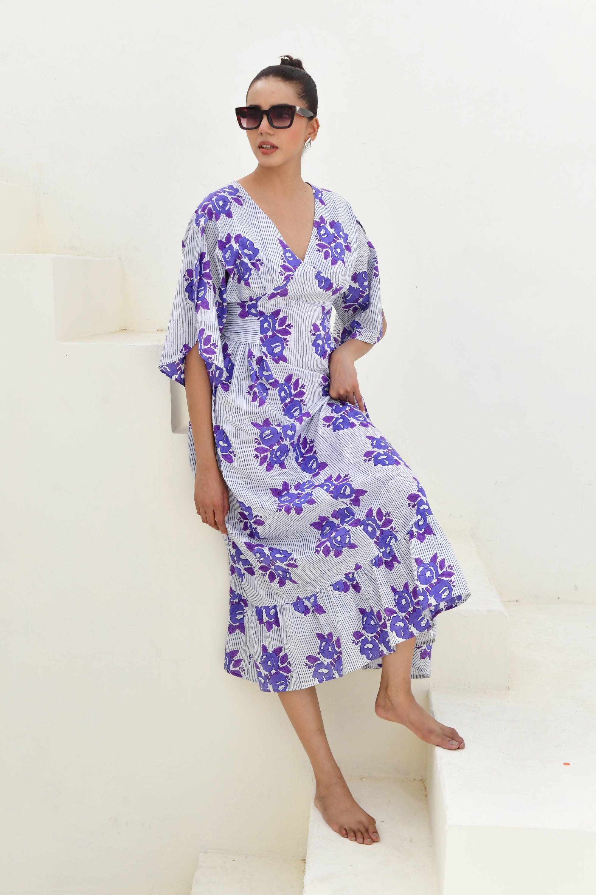 Blue & White Hand Block Printed Long Dress- Set of 1