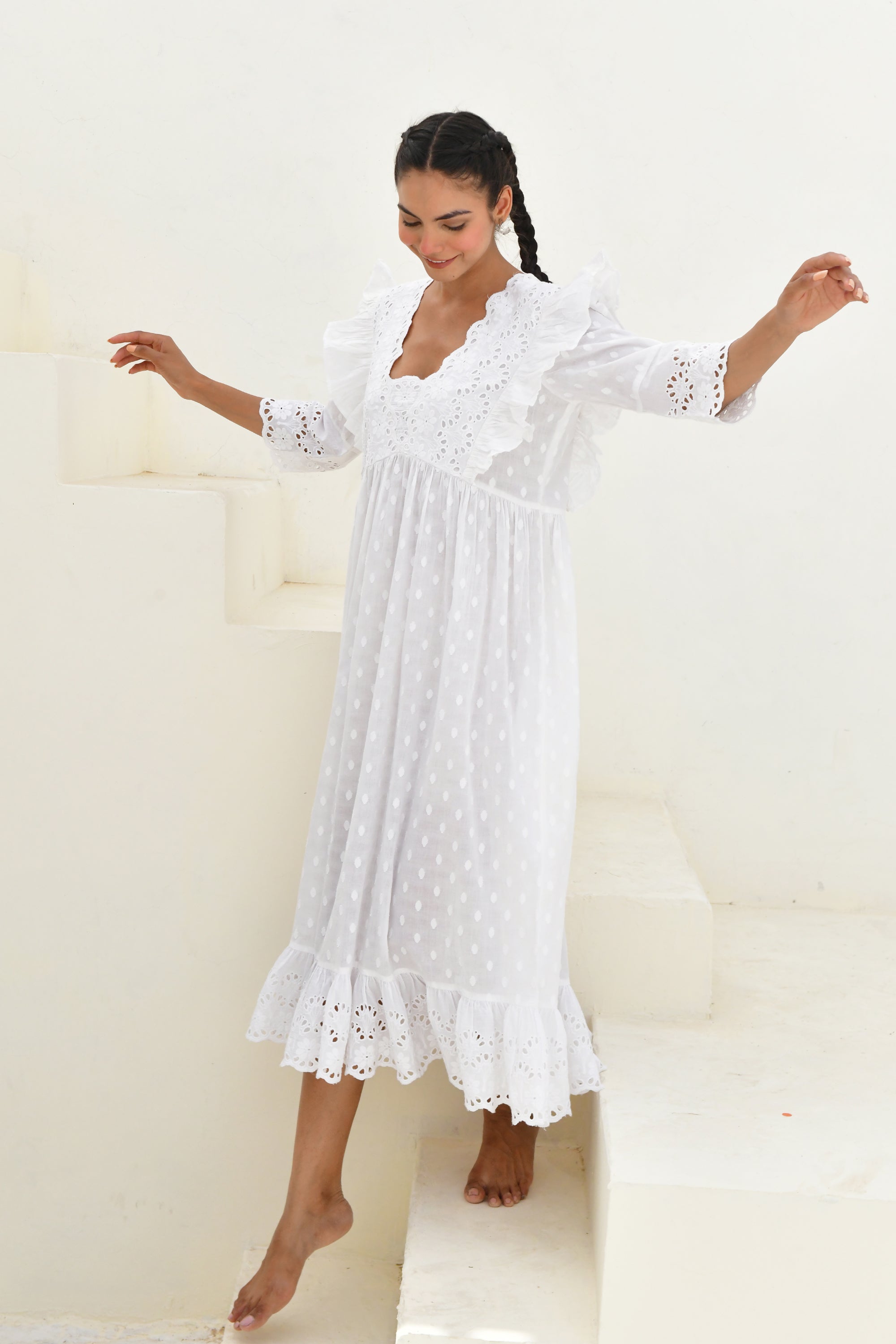 White Dobby Printed Long Dress- Set Of 1