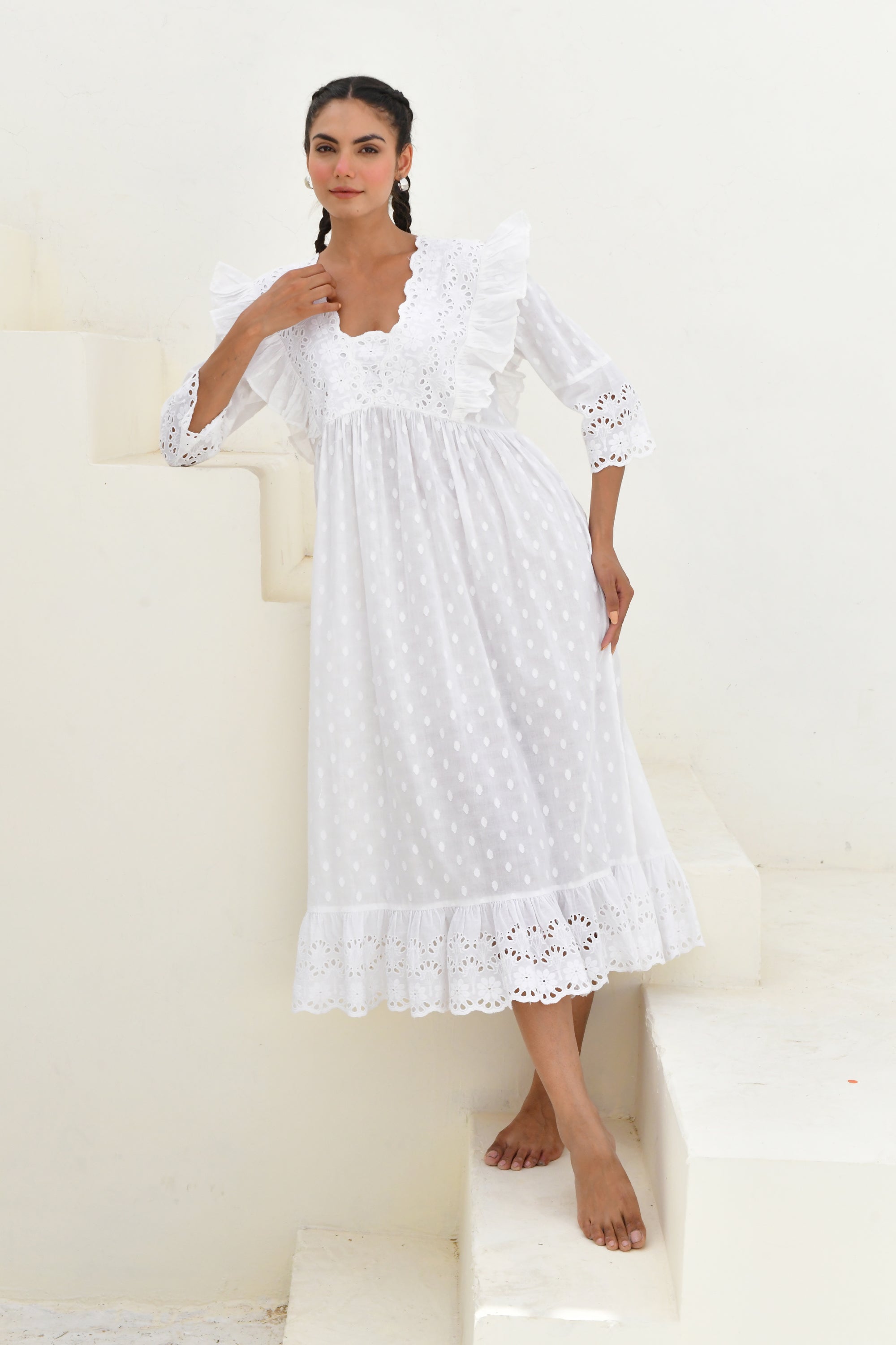 White Dobby Printed Long Dress- Set Of 1