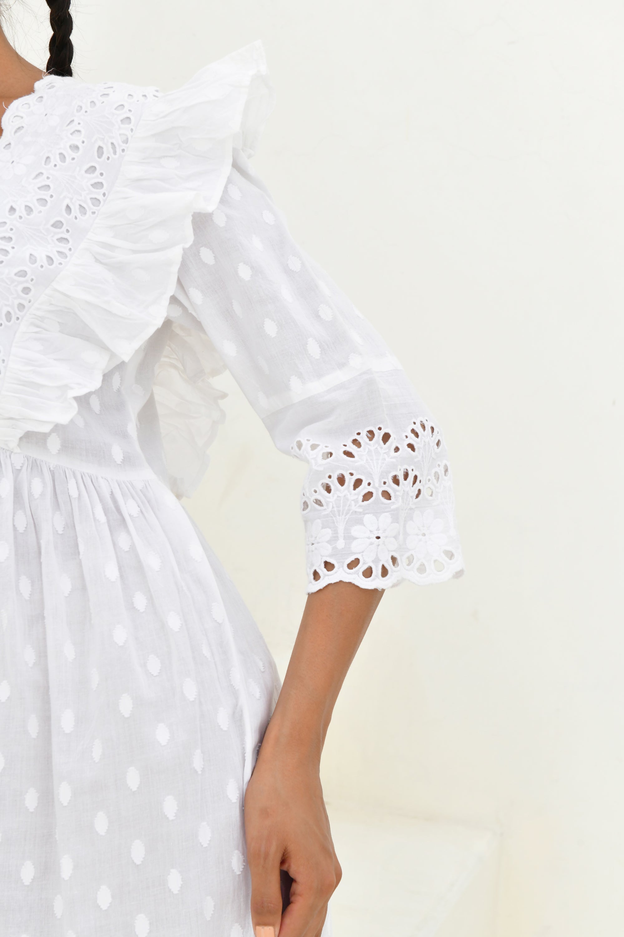 White Dobby Printed Long Dress- Set Of 1