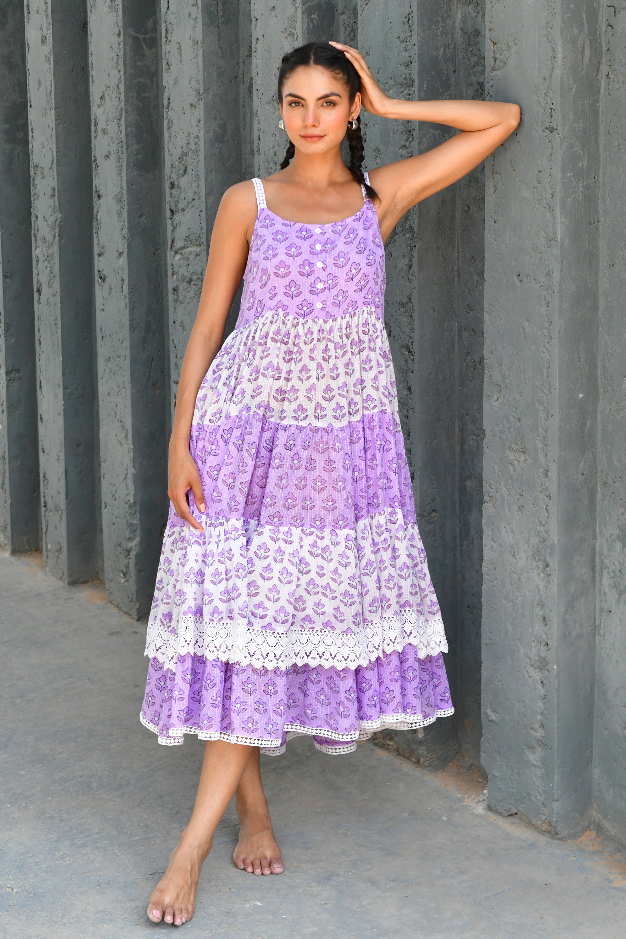 Purple & White Hand Block Printed Cotton Dress- Set Of 1