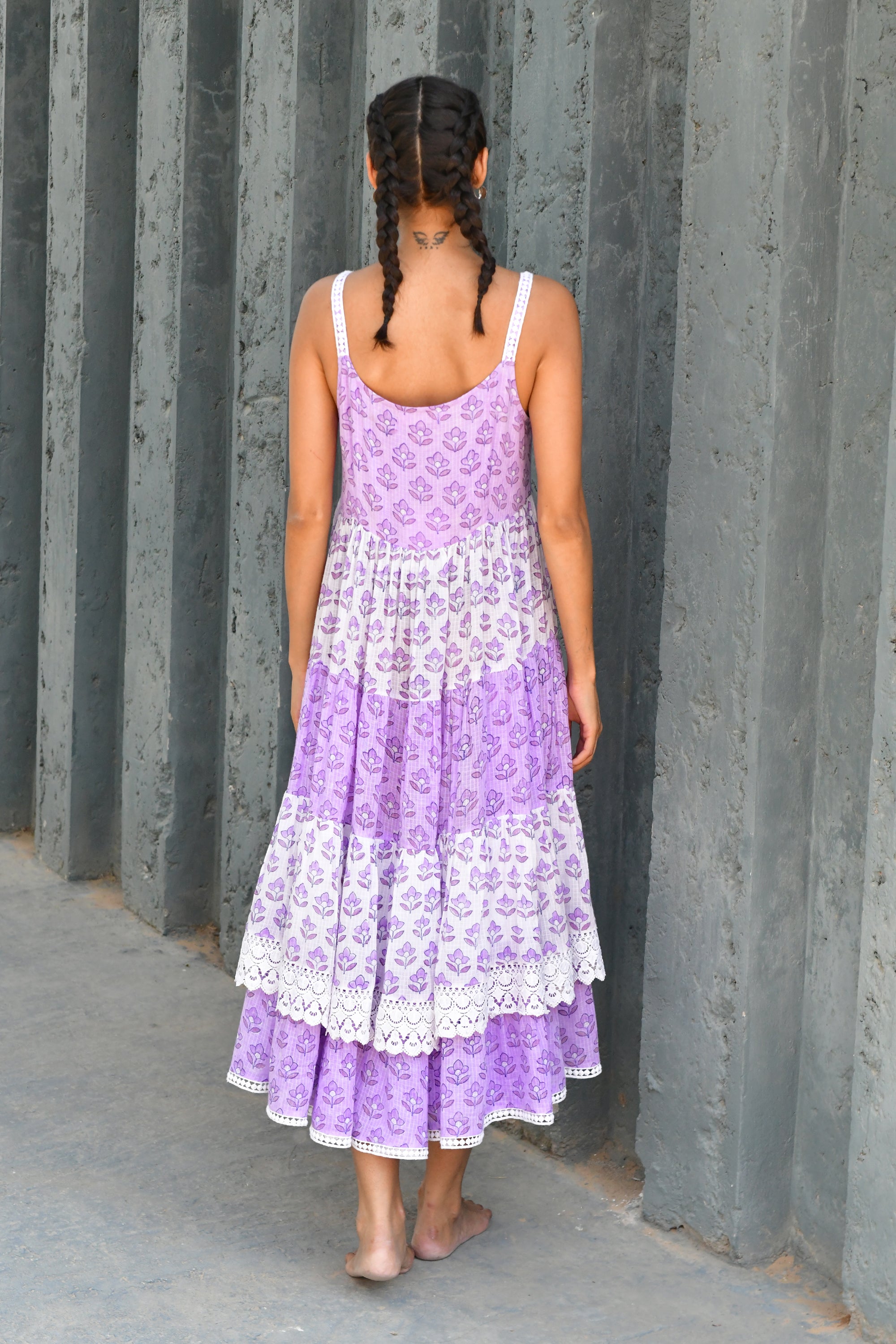 Purple & White Hand Block Printed Cotton Dress- Set Of 1