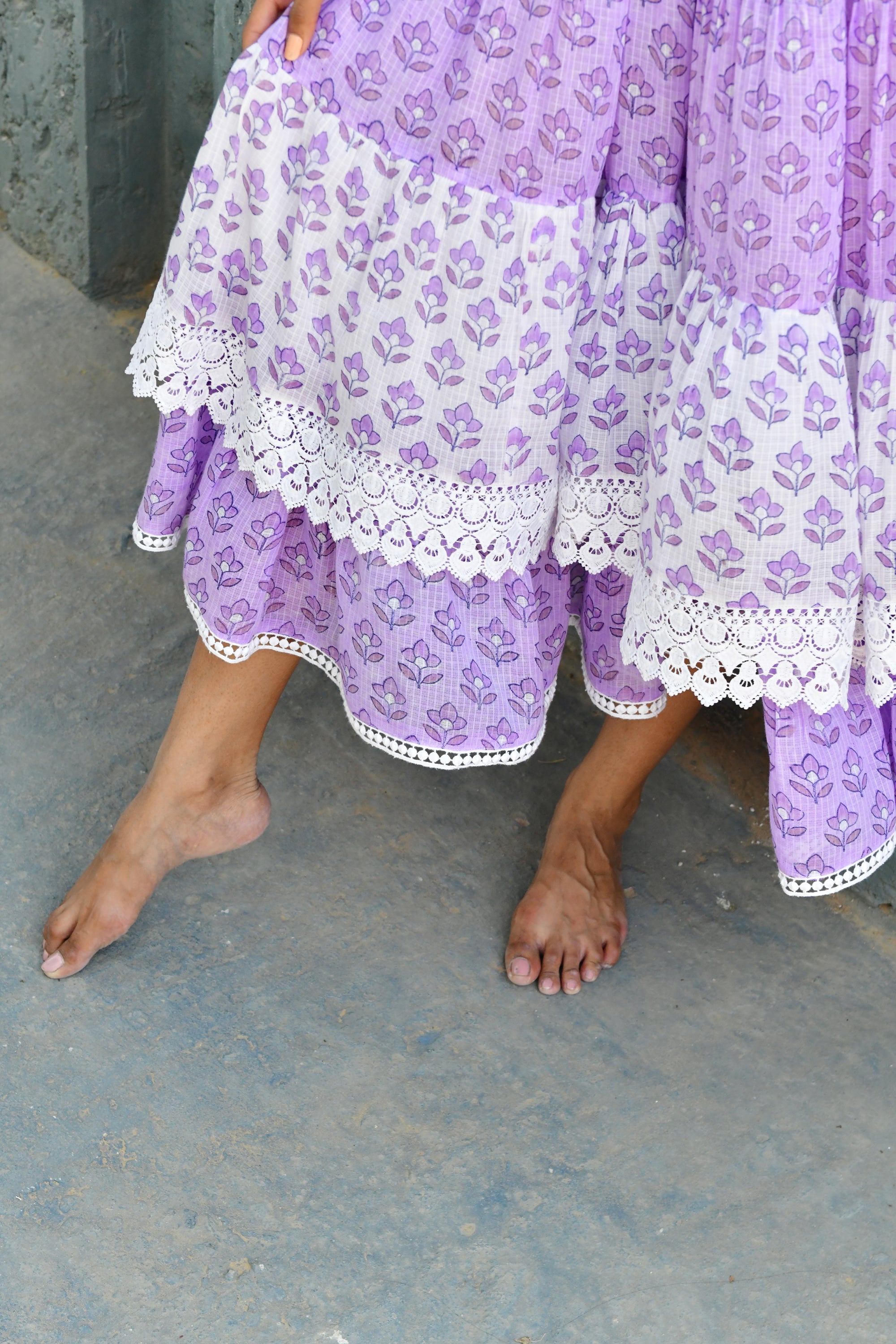 Purple & White Hand Block Printed Cotton Dress- Set Of 1