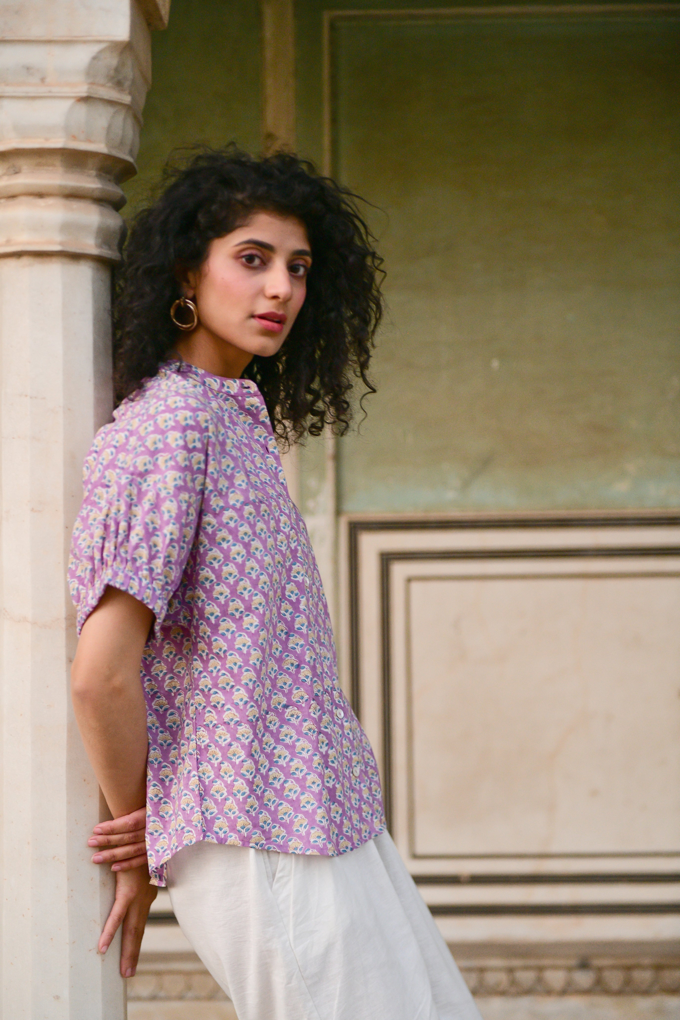Aaravi Mauve Hand Block Printed Top Shirt