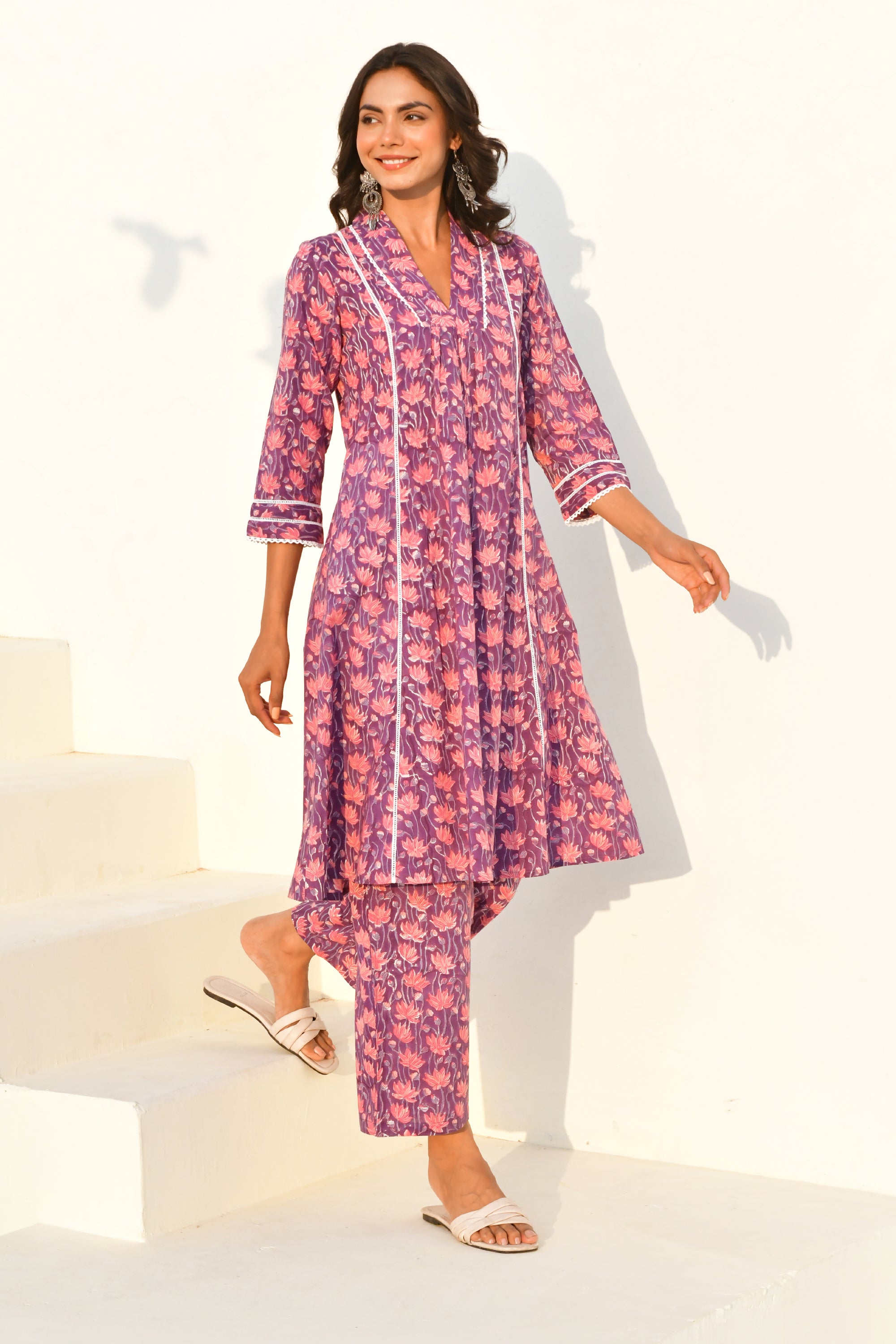 Purple Hand Block Printed Kurta Set with Pant- Set Of 2