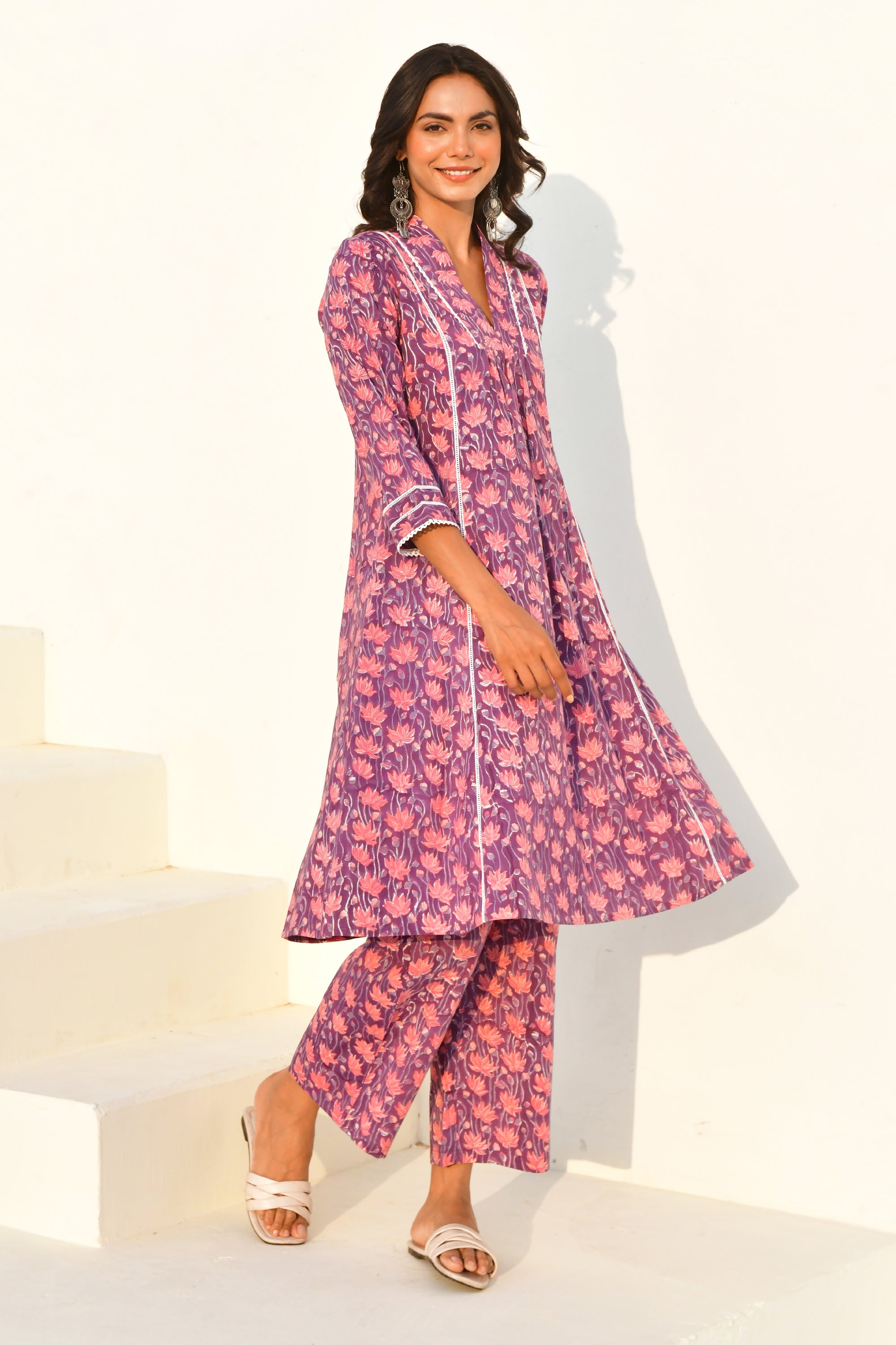 Purple Hand Block Printed Kurta Set with Pant- Set Of 2