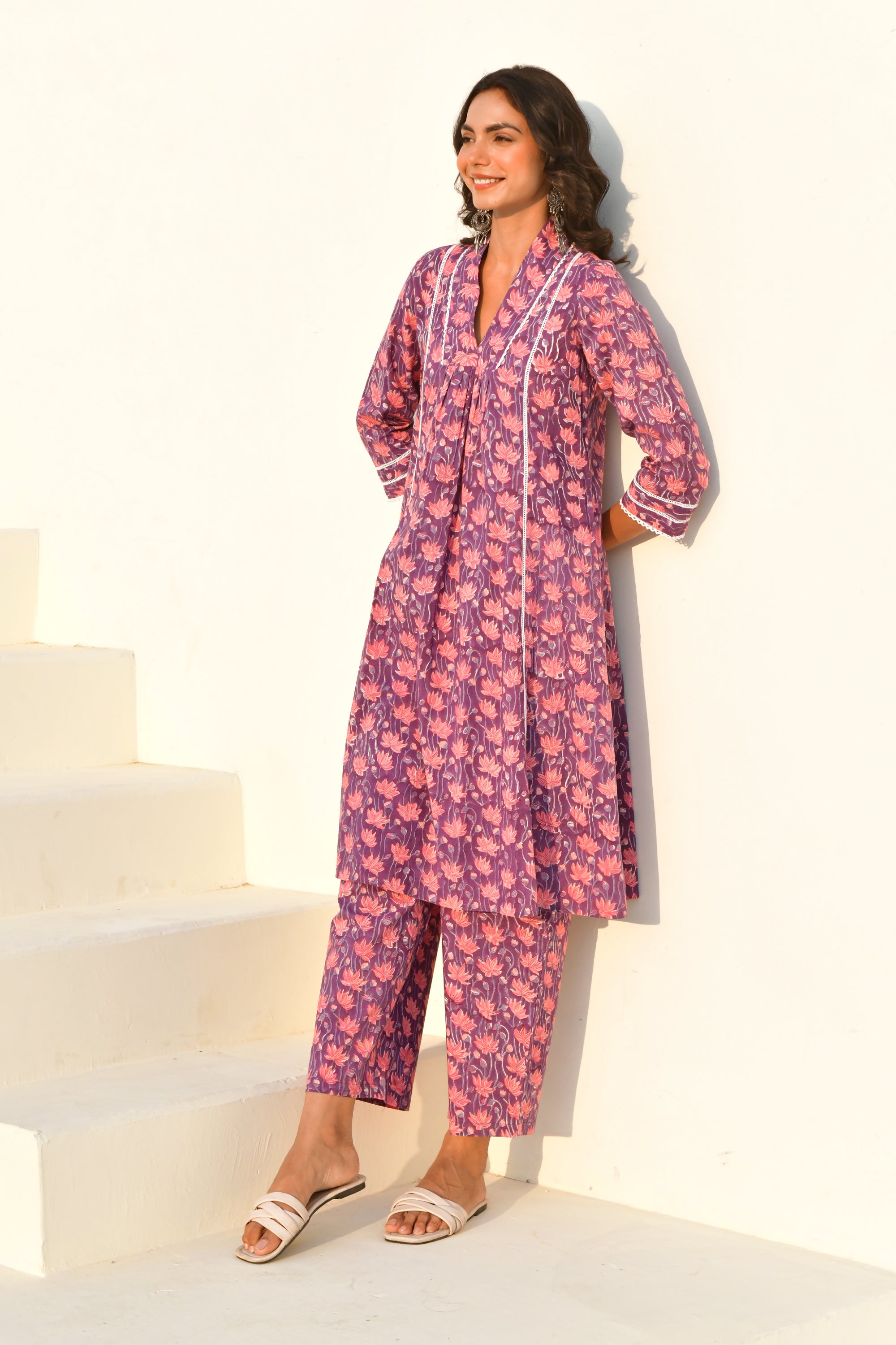 Purple Hand Block Printed Kurta Set with Pant- Set Of 2